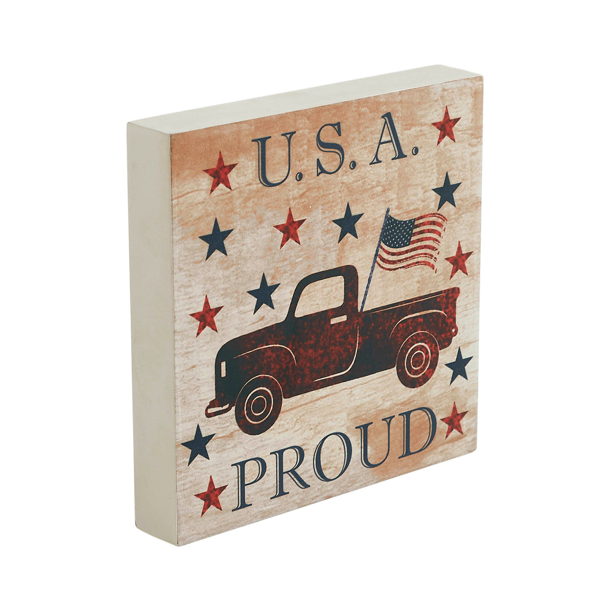 My Country USA Proud Red Truck w/ Red & Blue Stars MDF Block Sign 6x6x1