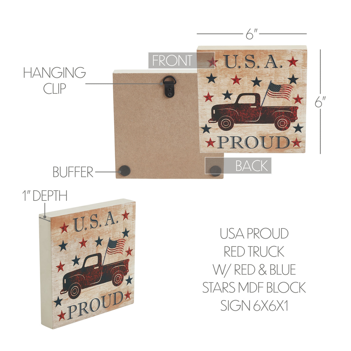 My Country USA Proud Red Truck w/ Red & Blue Stars MDF Block Sign 6x6x1