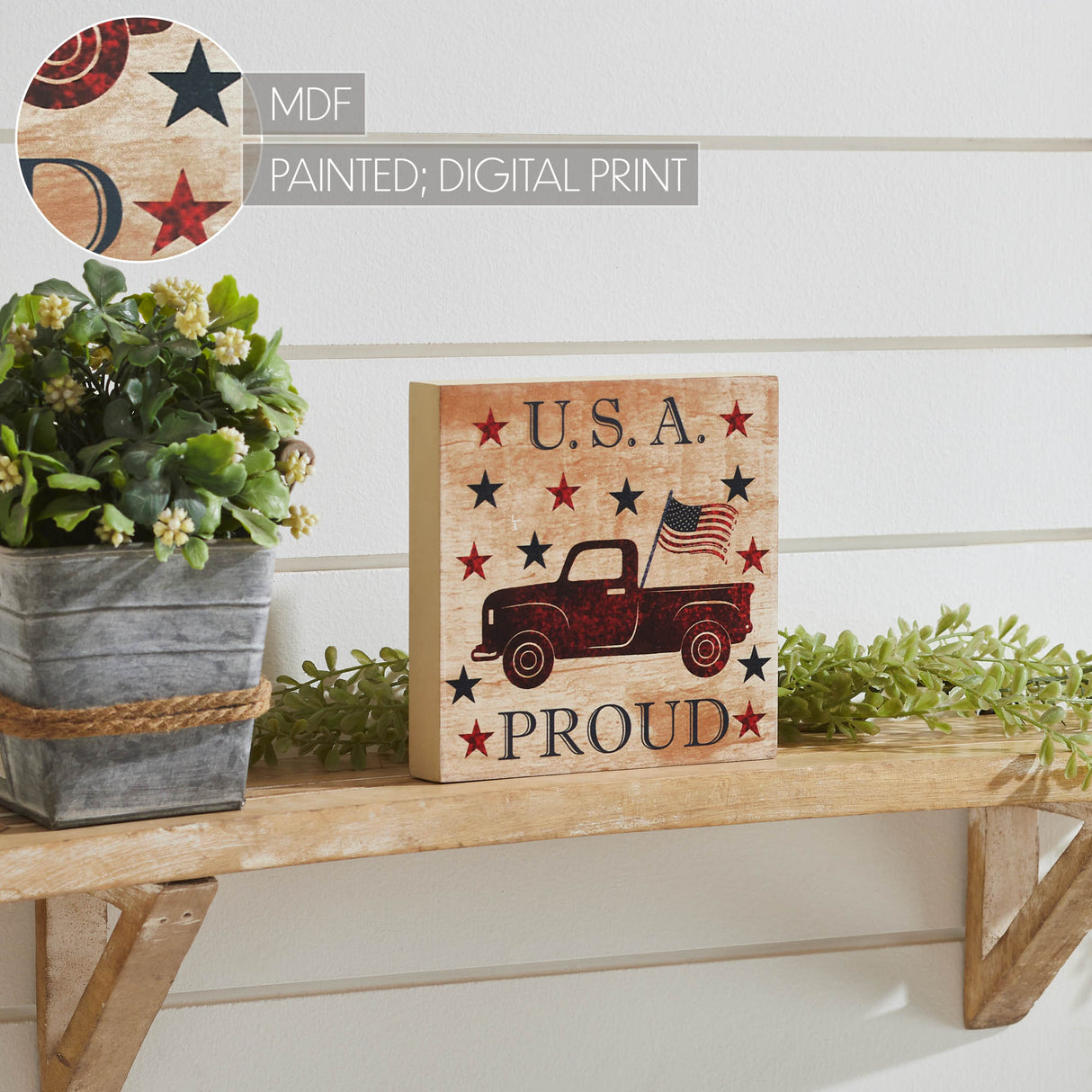 My Country USA Proud Red Truck w/ Red & Blue Stars MDF Block Sign 6x6x1