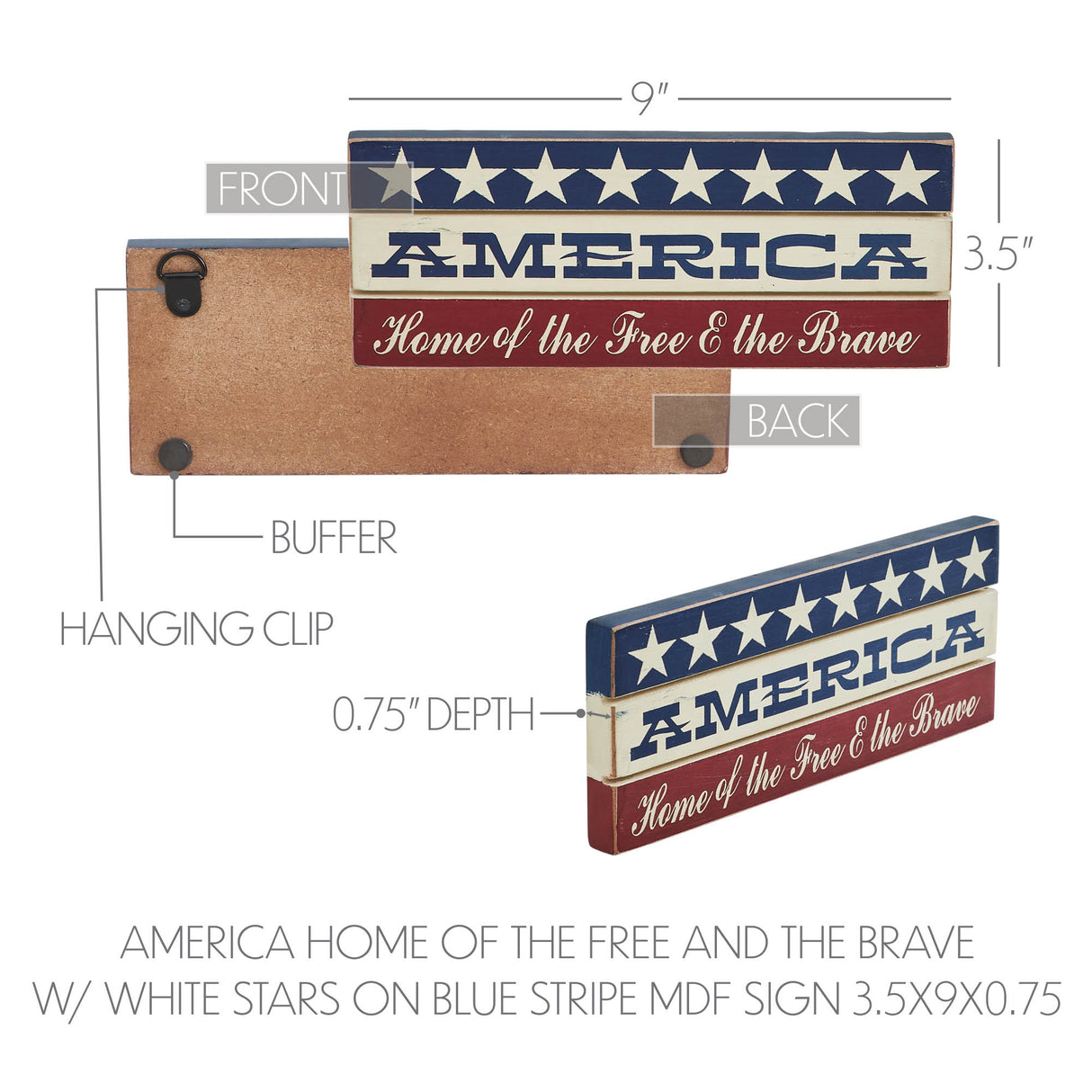 AMERICA Home Of The Free And The Brave w/ White Stars On Blue Stripe MDF Sign 3.5x9