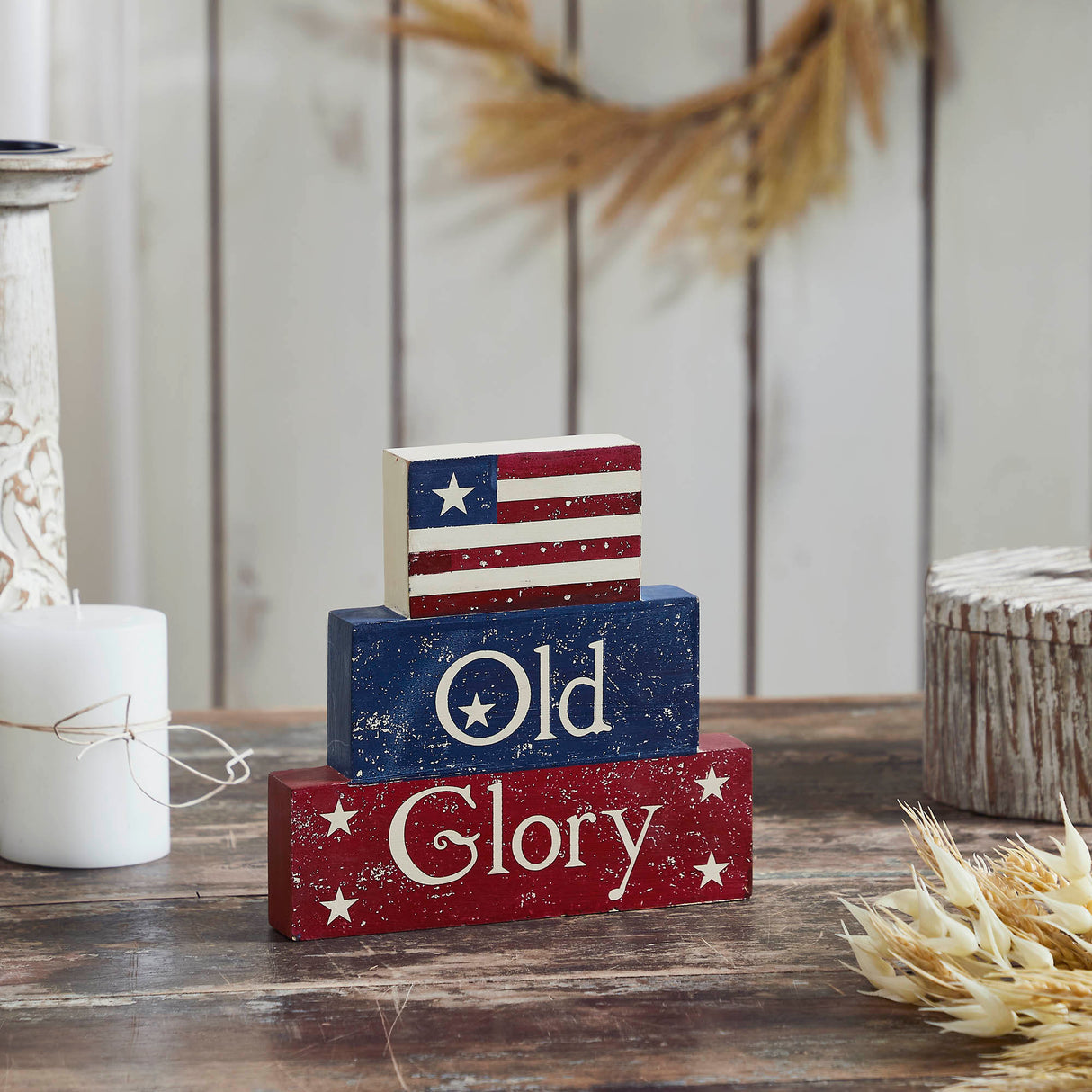 Vintage Old Glory w/ Flag MDF Block Sign 7.5x8x1.125