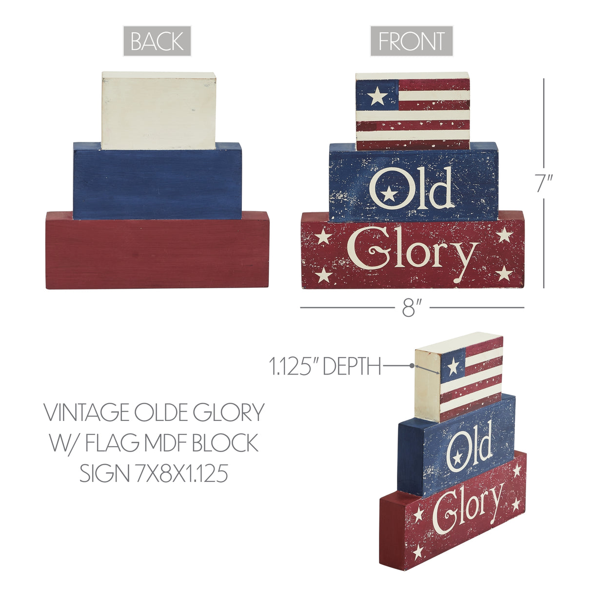 Vintage Old Glory w/ Flag MDF Block Sign 7.5x8x1.125