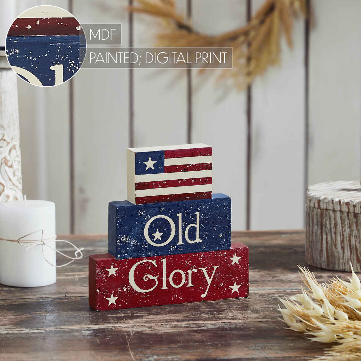 Vintage Old Glory w/ Flag MDF Block Sign 7.5x8x1.125