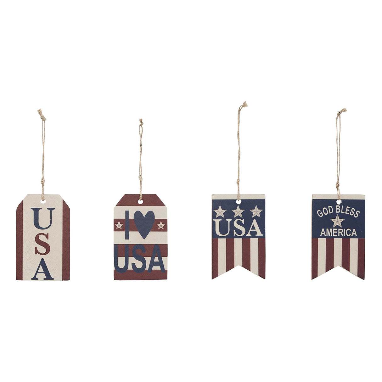 My Country USA RWB MDF Ornament w/ Twine Set of 4 4x2.5x0.25