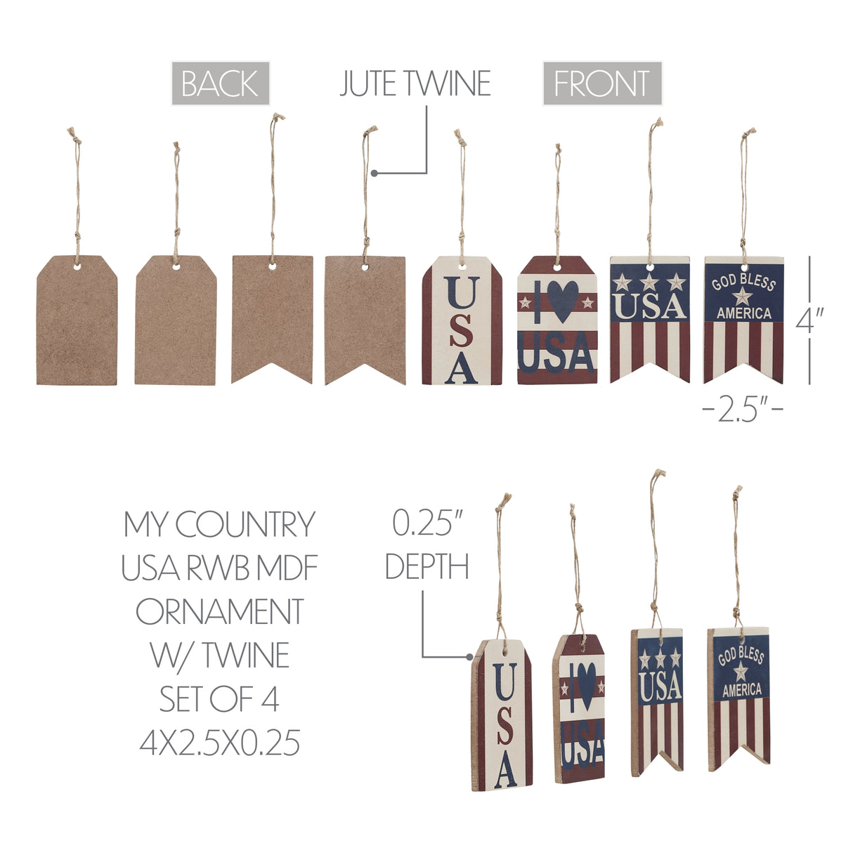 My Country USA RWB MDF Ornament w/ Twine Set of 4 4x2.5x0.25