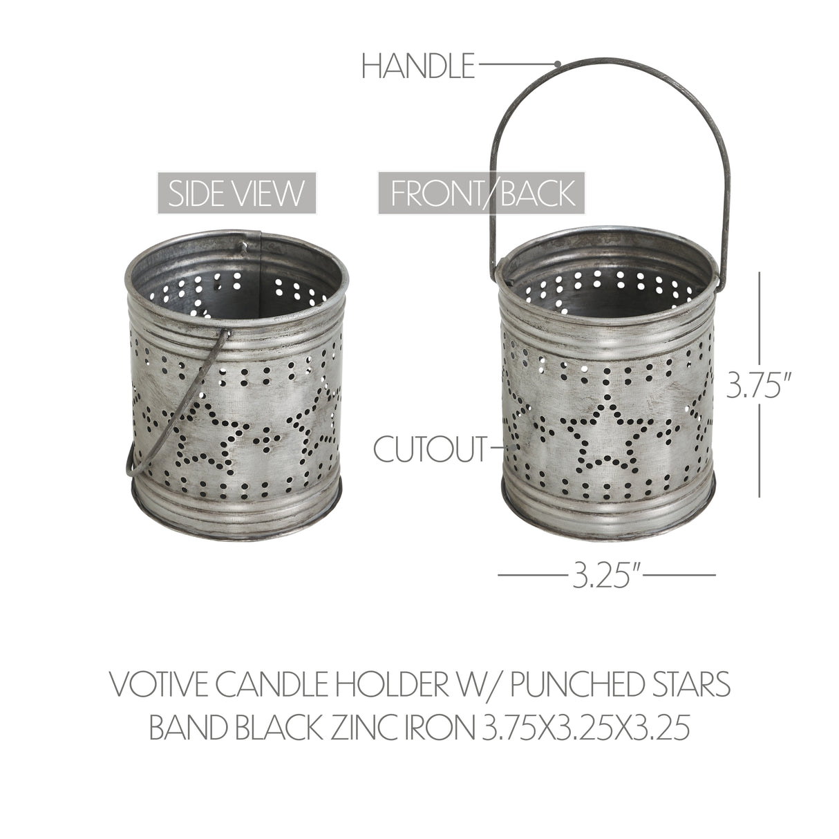 Votive Candle Holder w/ Punched Stars Band Black Zinc Iron 3.75x3.25x3.25