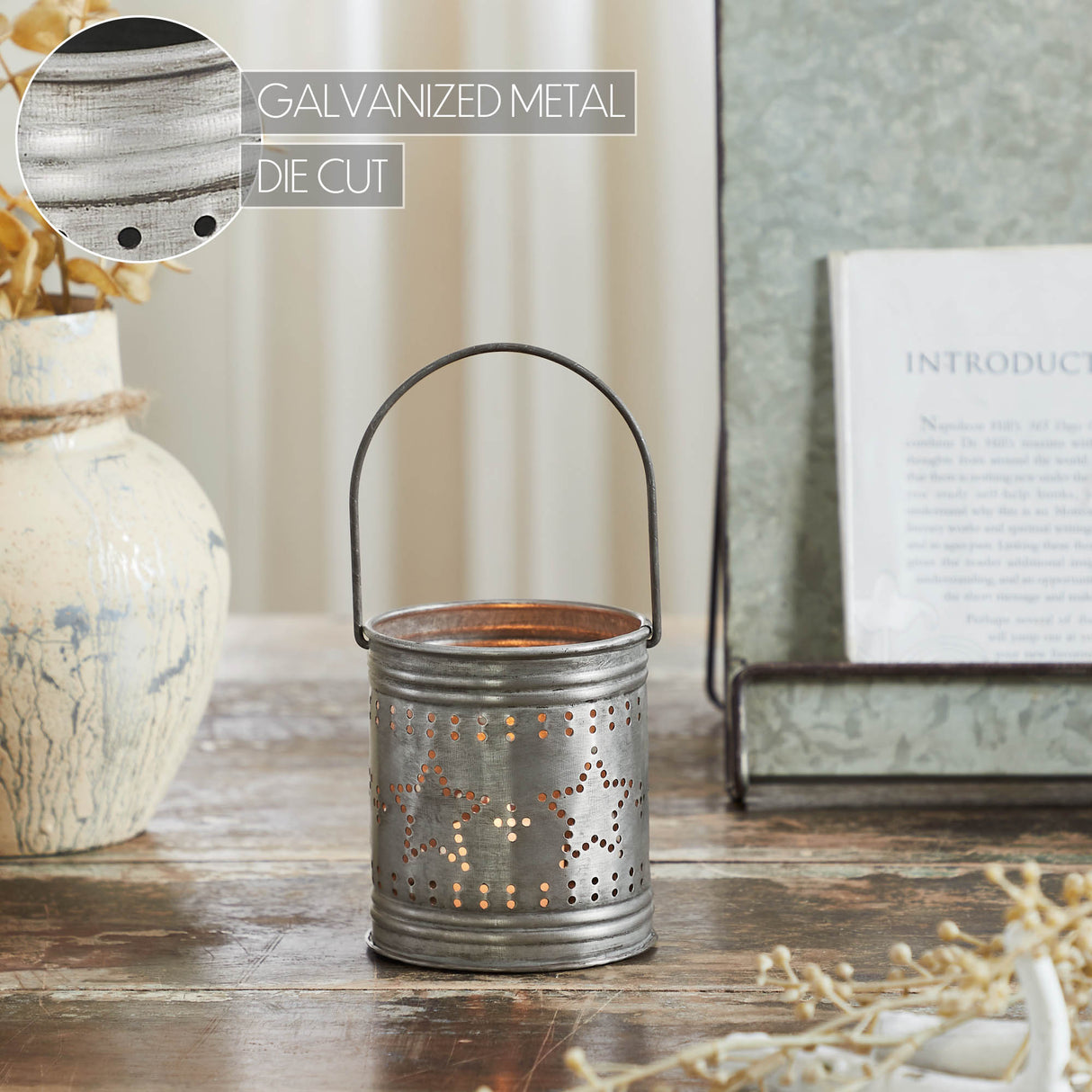 Votive Candle Holder w/ Punched Stars Band Black Zinc Iron 3.75x3.25x3.25