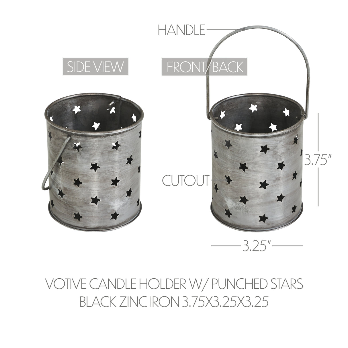 Votive Candle Holder w/ Punched Stars Black Zinc Iron 3.75x3.25x3.25