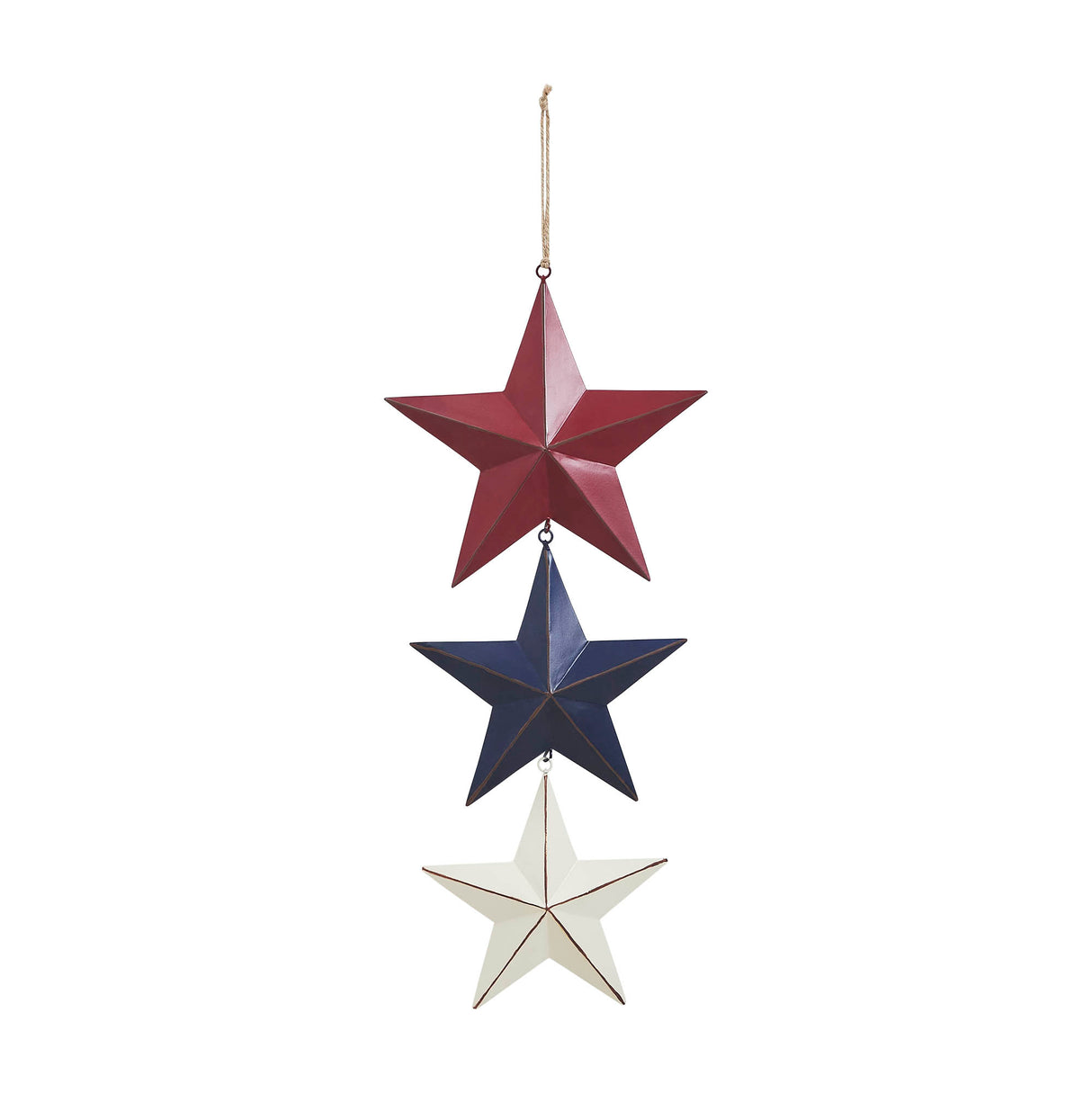 Painted Metal RWB Stars Wall Hanging w/ Jute Twine 20x8x1