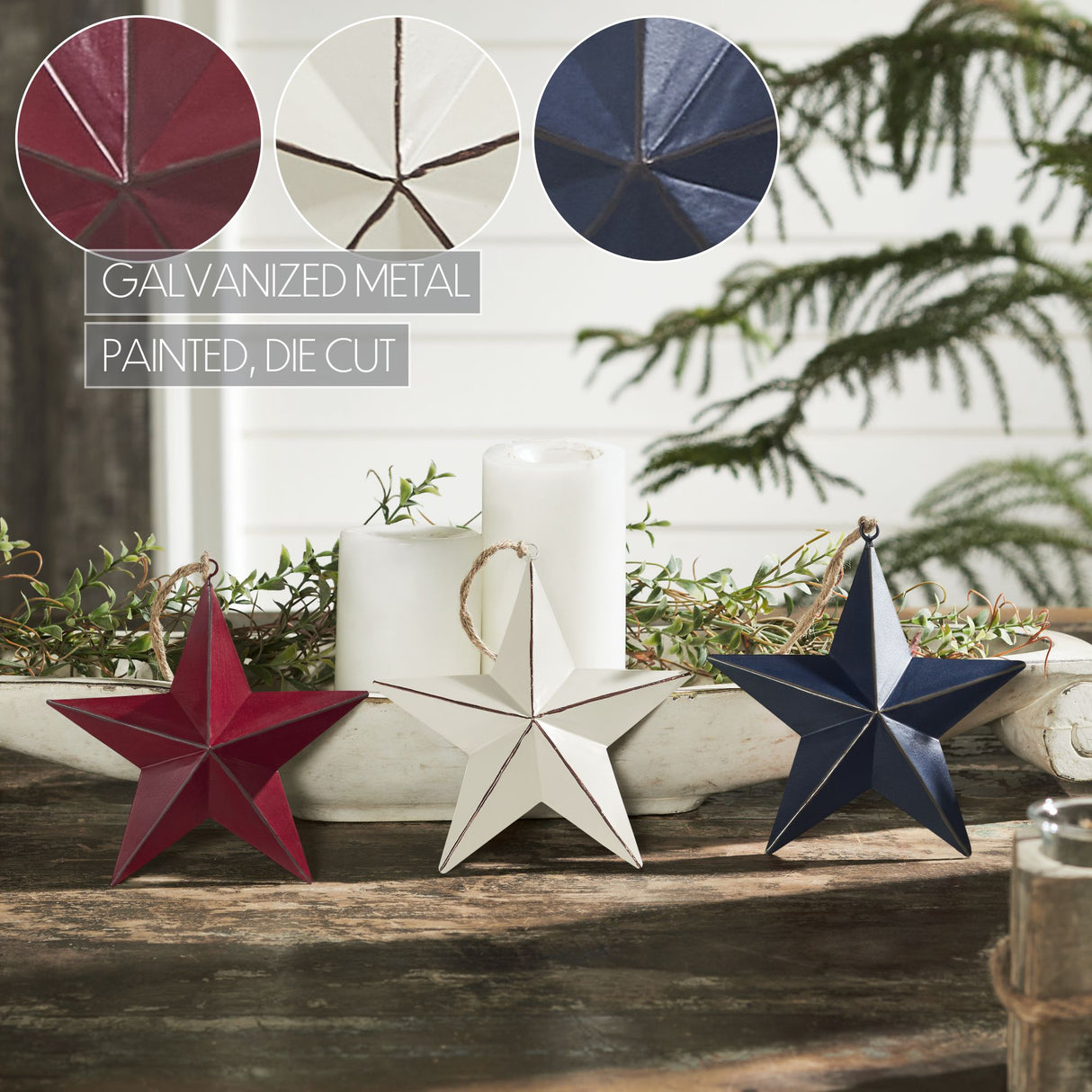 Painted Metal RWB Stars Ornament Set of 3 Colors 6x6x1
