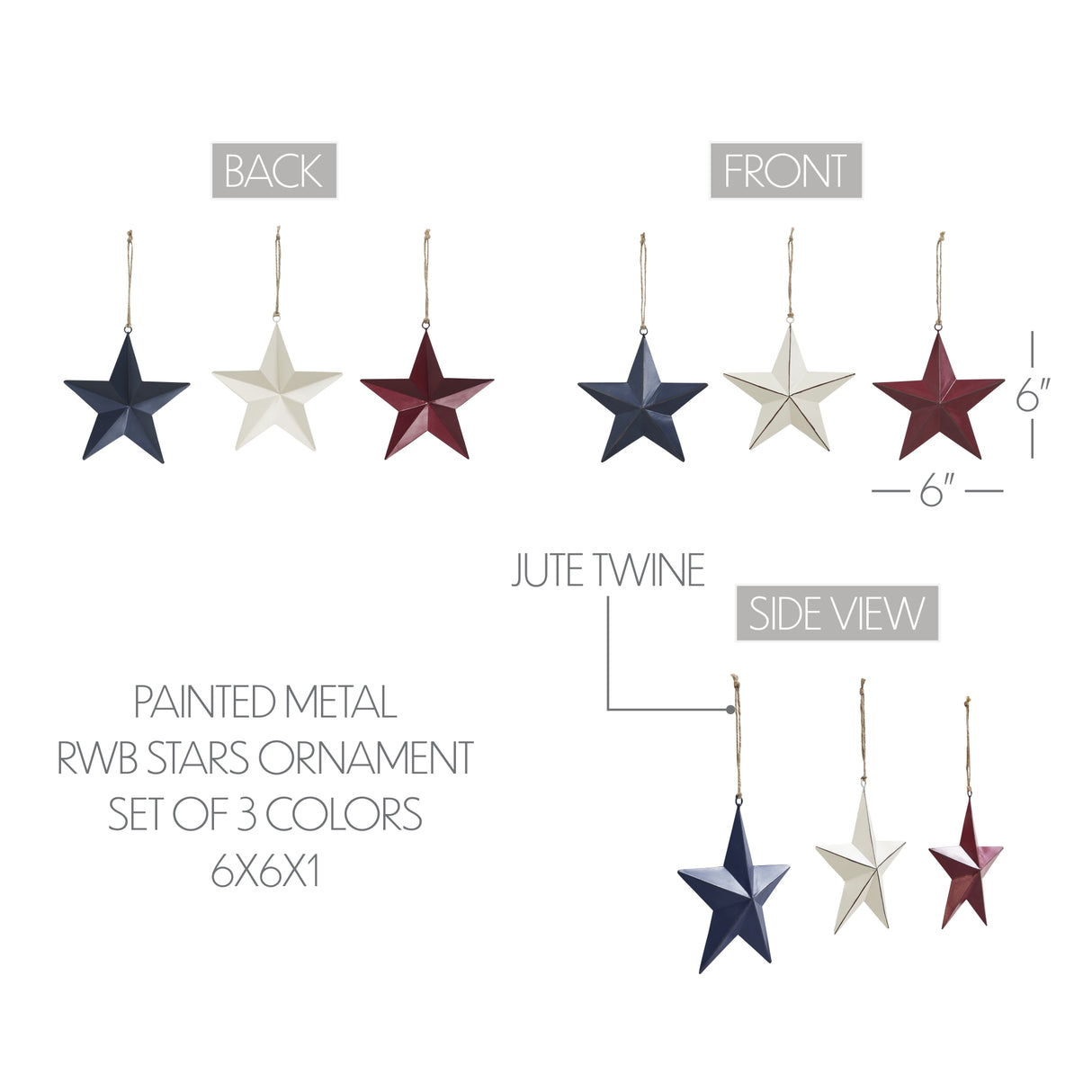 Painted Metal RWB Stars Ornament Set of 3 Colors 6x6x1