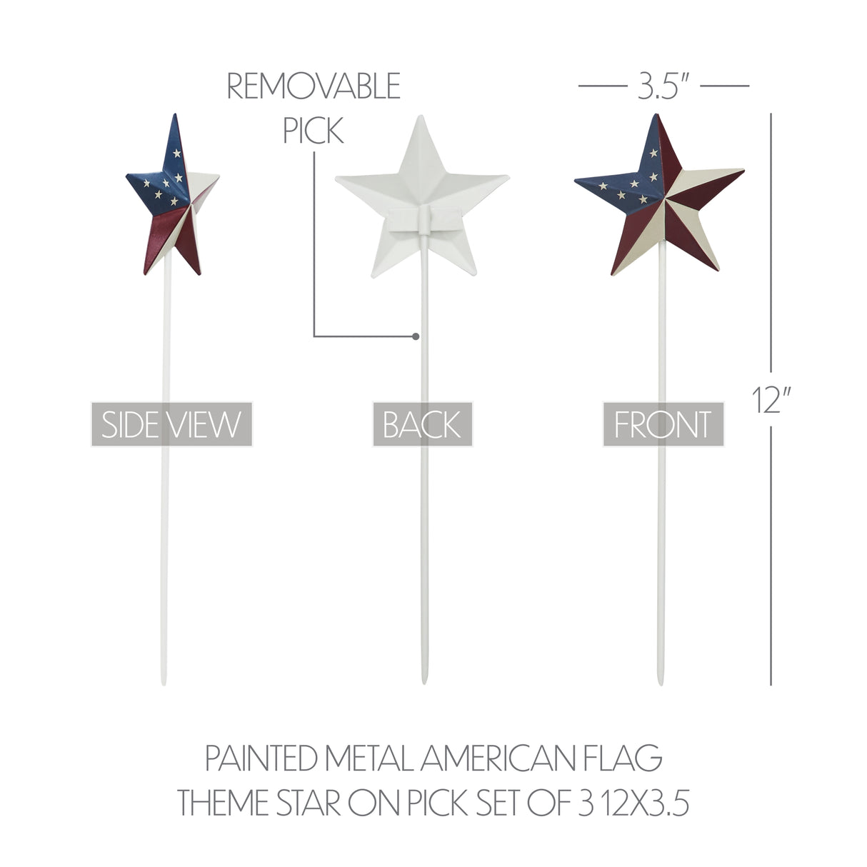 Painted Metal American Flag Theme Star on Pick Set of 3