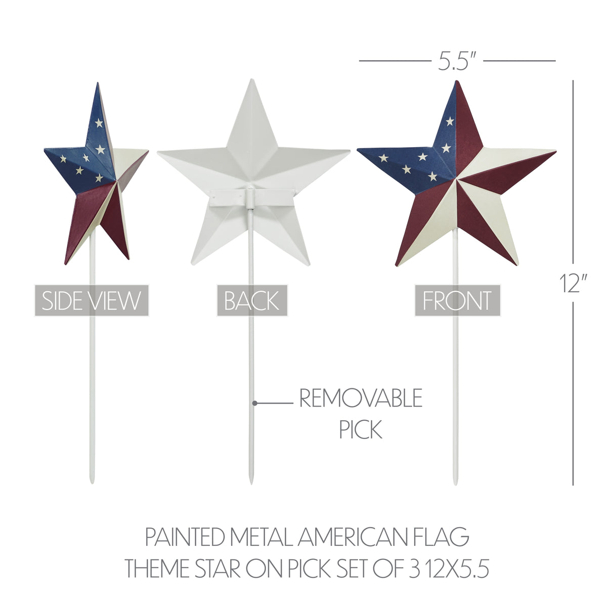 Painted Metal American Flag Theme Star on Pick Set of 3