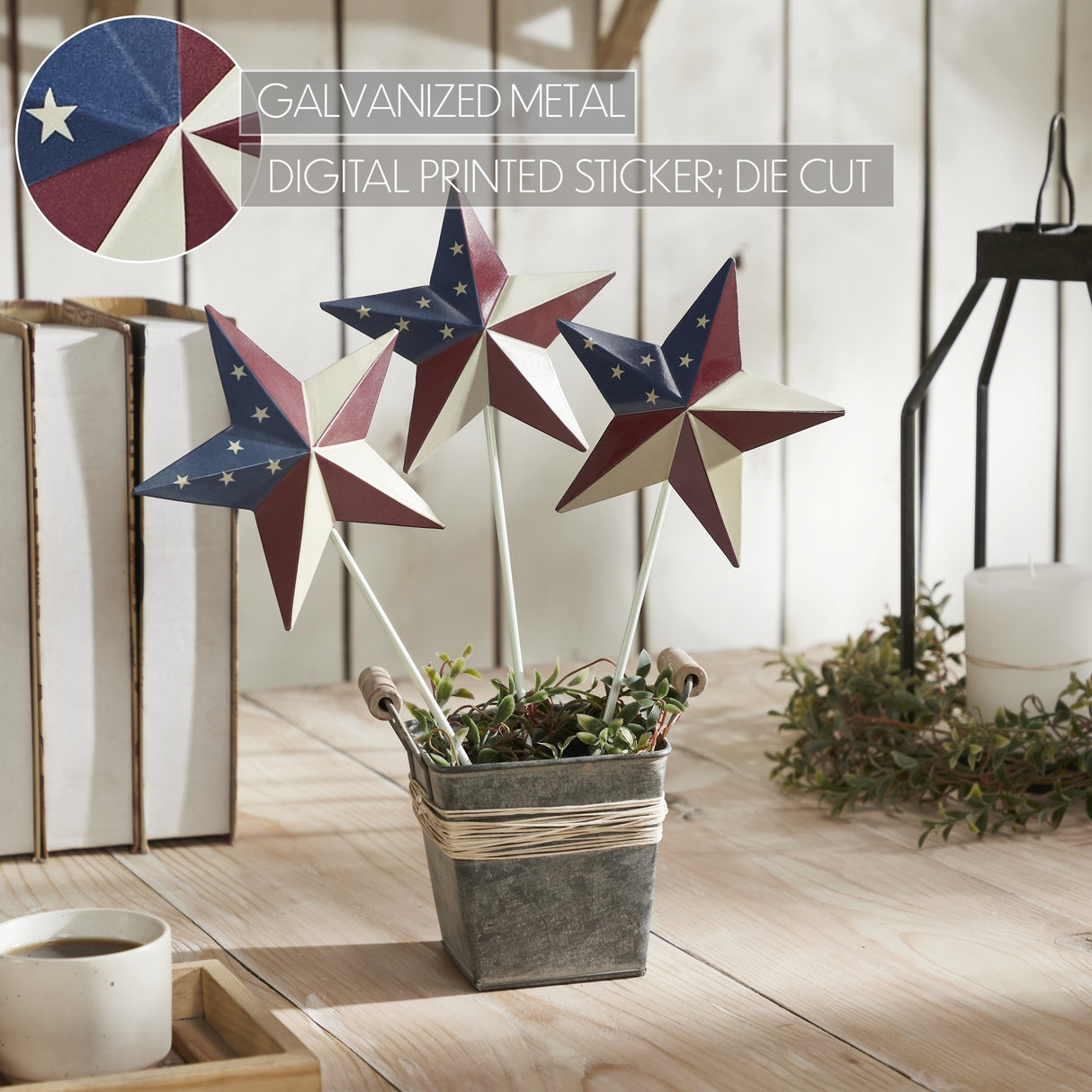 Painted Metal American Flag Theme Star on Pick Set of 3