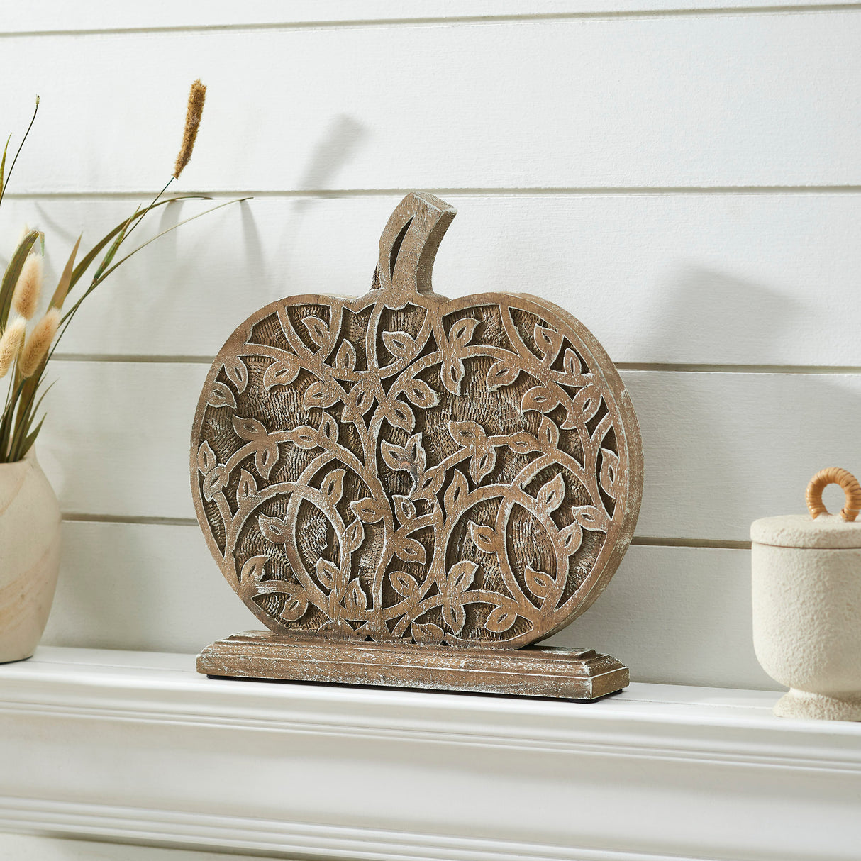 Harvest Vine Carved Wooden Pumpkin Natural 12x11x2