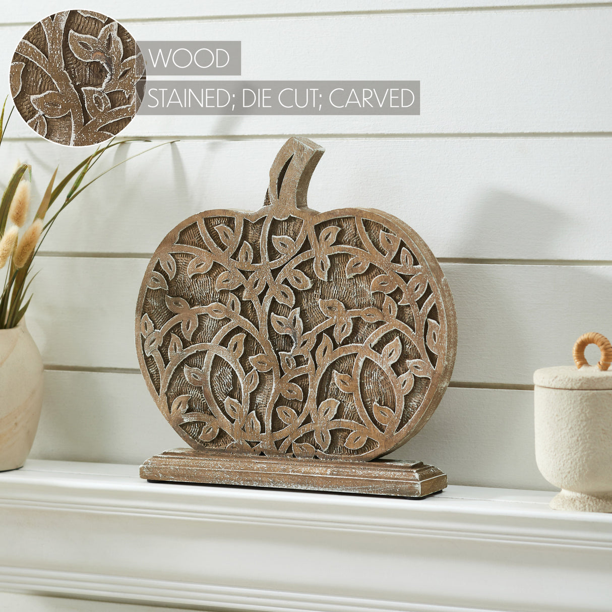Harvest Vine Carved Wooden Pumpkin Natural 12x11x2