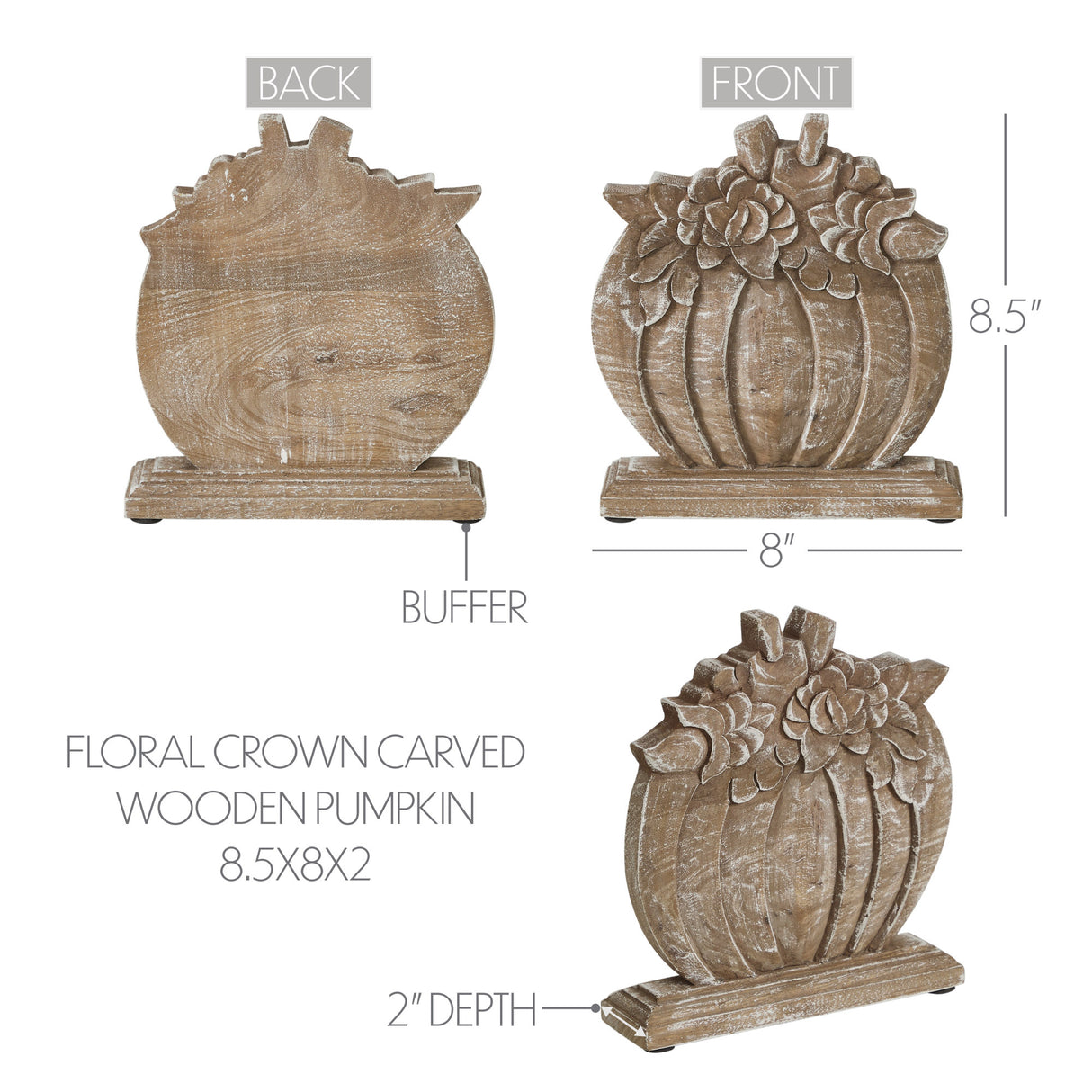 Floral Crown Carved Wooden Pumpkin 8.5x8x2
