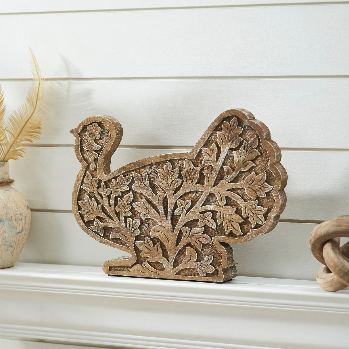 Harvest Leaf Carved Wooden Turkey 10x14x2