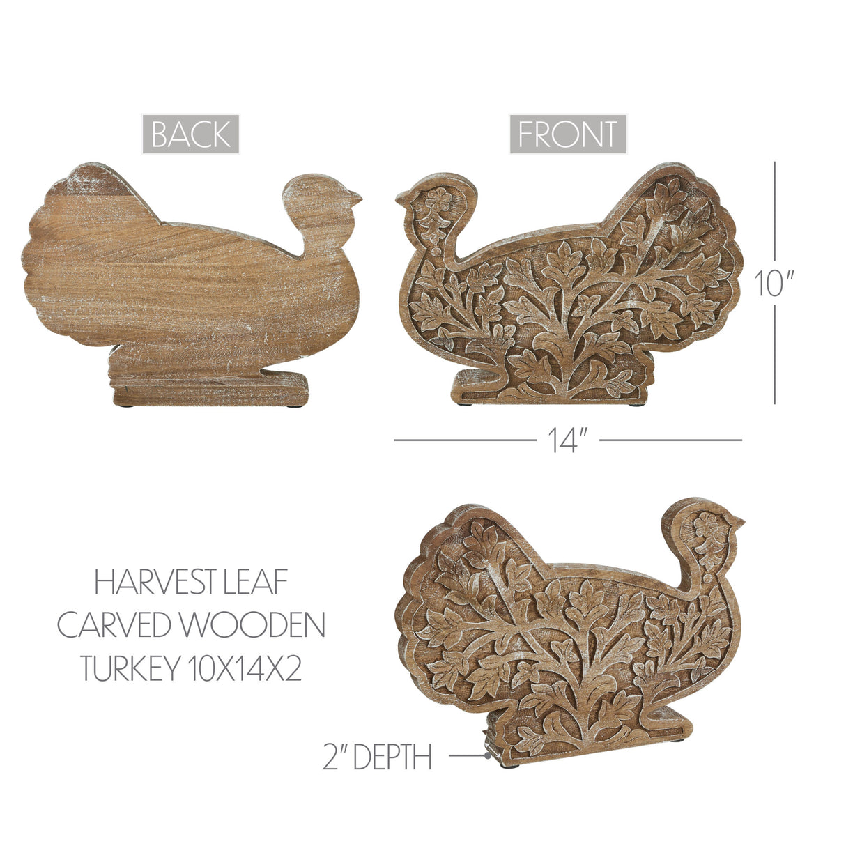 Harvest Leaf Carved Wooden Turkey 10x14x2
