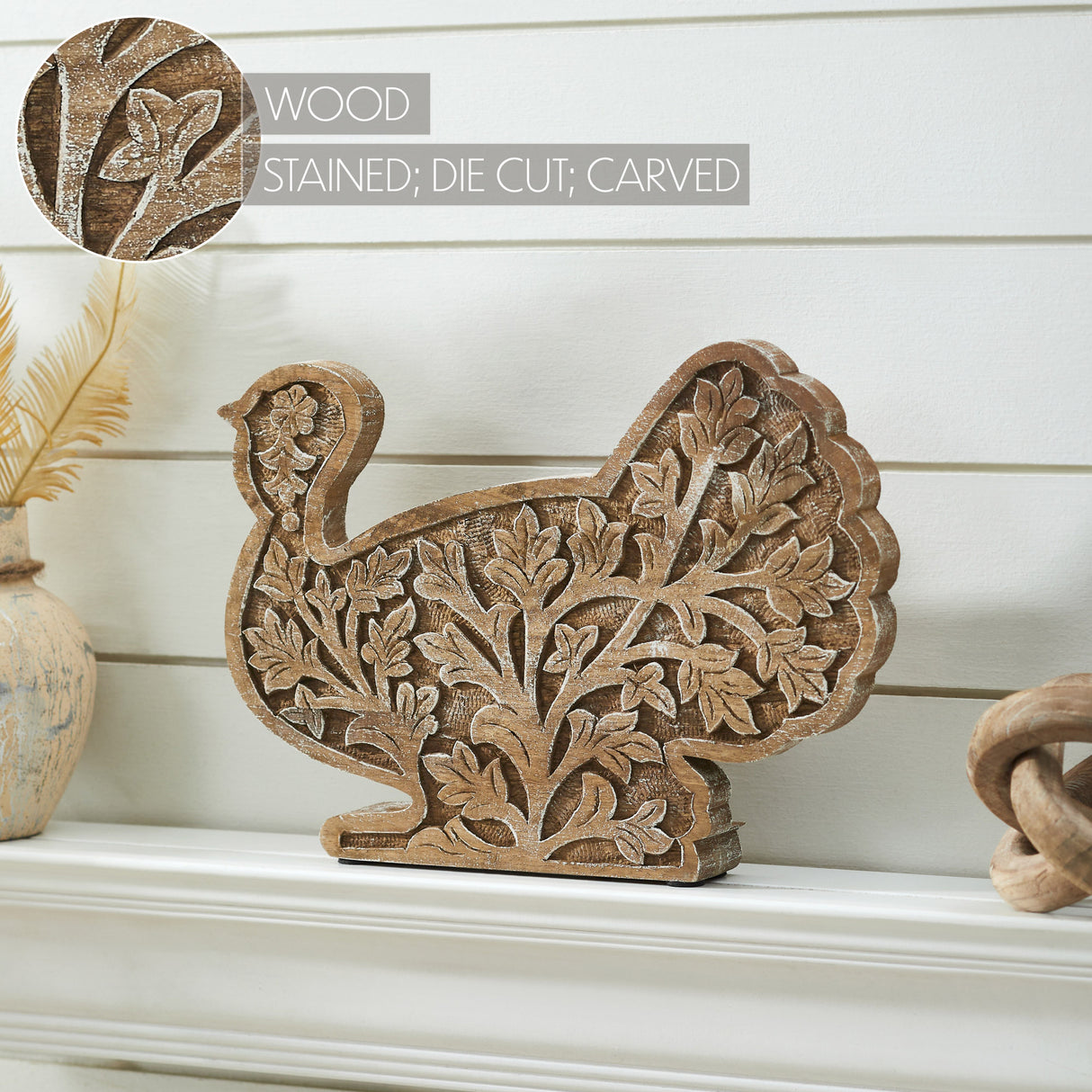 Harvest Leaf Carved Wooden Turkey 10x14x2