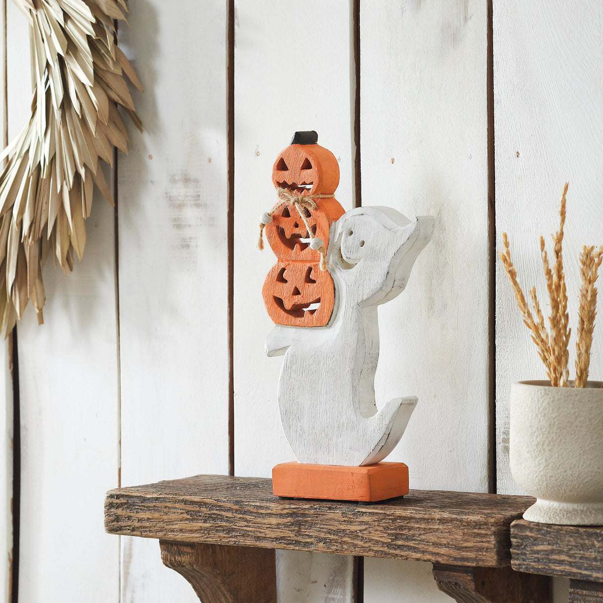 Stacked Jack-O-Lantern Wooden Ghost 11x6x2