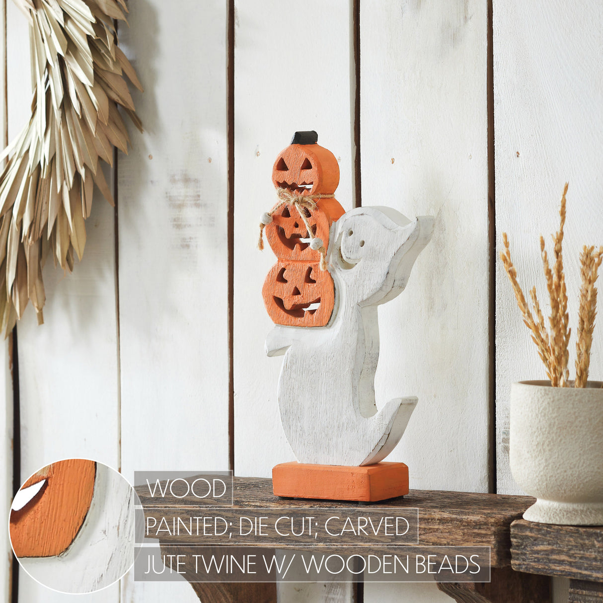 Stacked Jack-O-Lantern Wooden Ghost 11x6x2