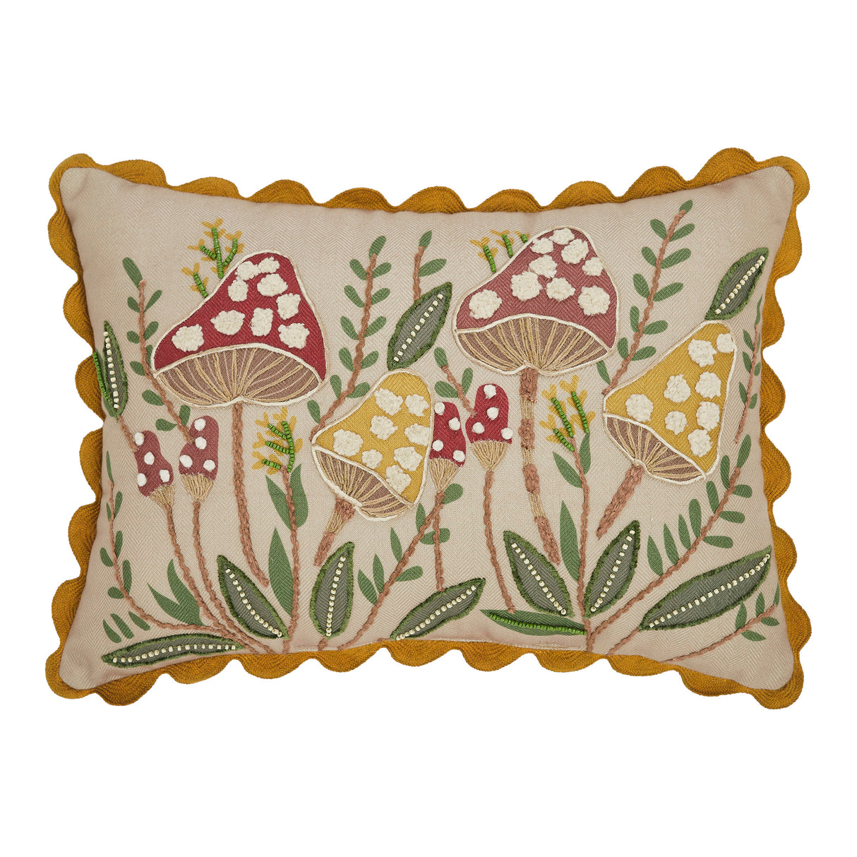 Embroidered Woodland Mushrooms Pillow 14x20