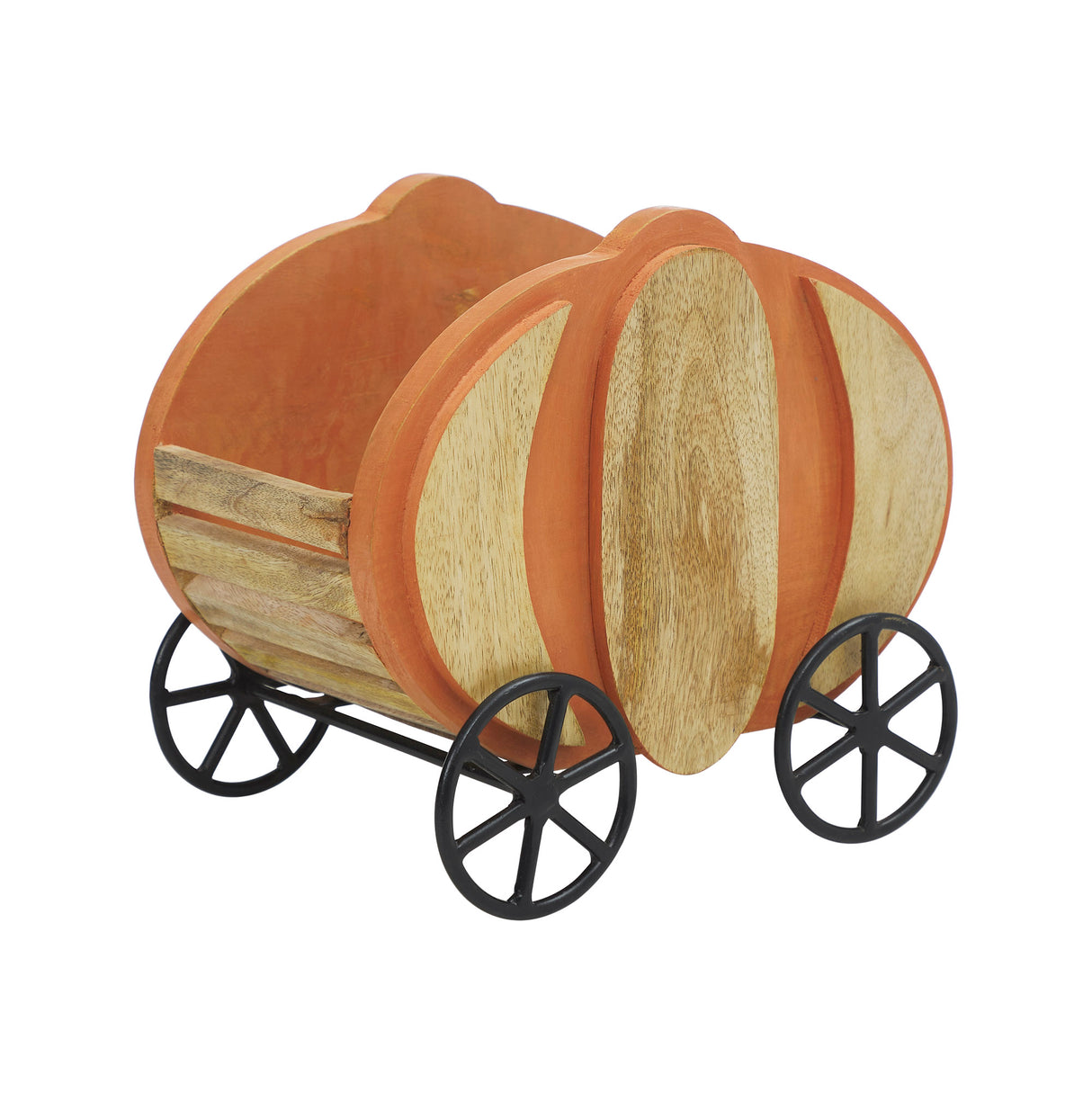 Wooden Pumpkin Carriage w/ Iron Wheels Decor 11x8x9.75
