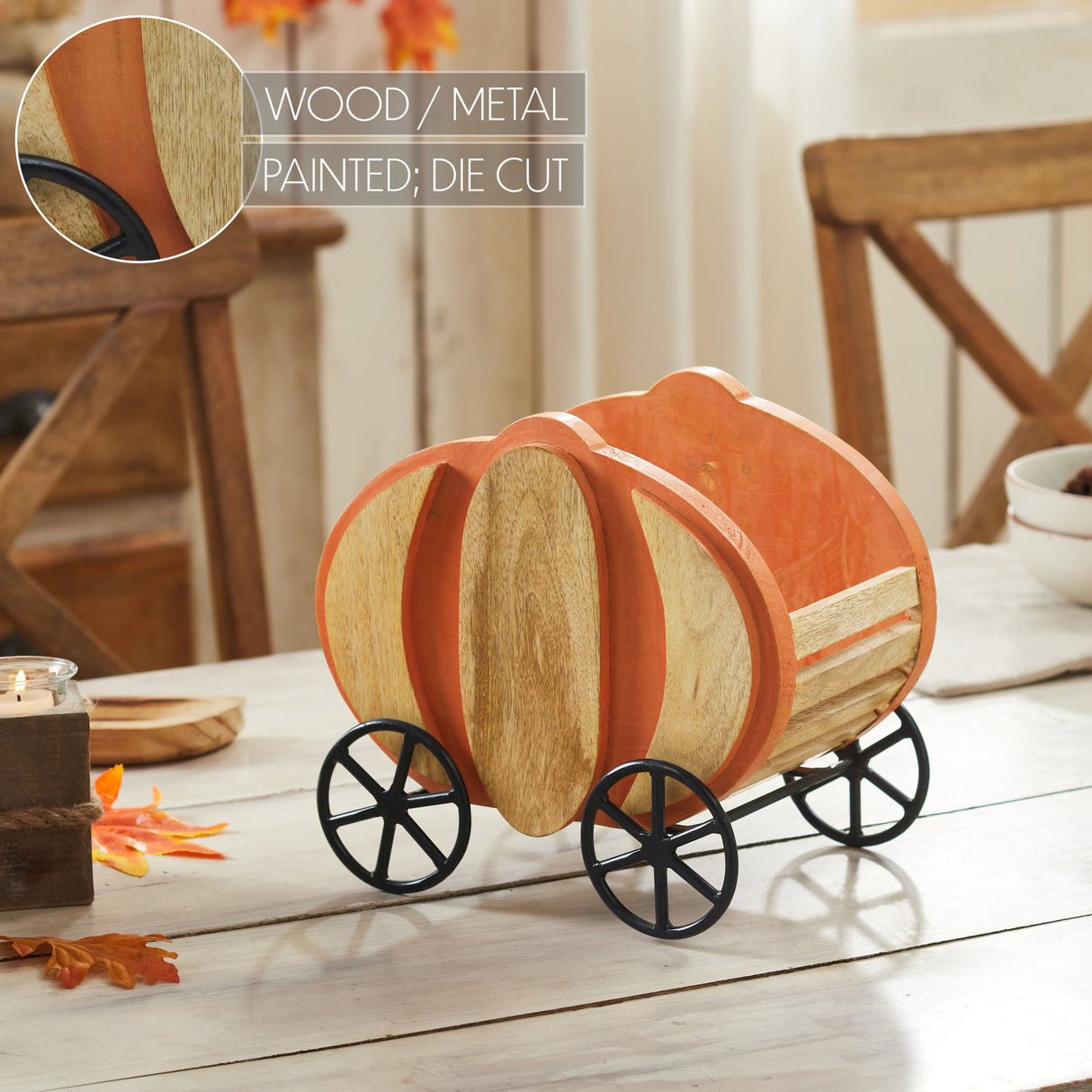 Wooden Pumpkin Carriage w/ Iron Wheels Decor 11x8x9.75