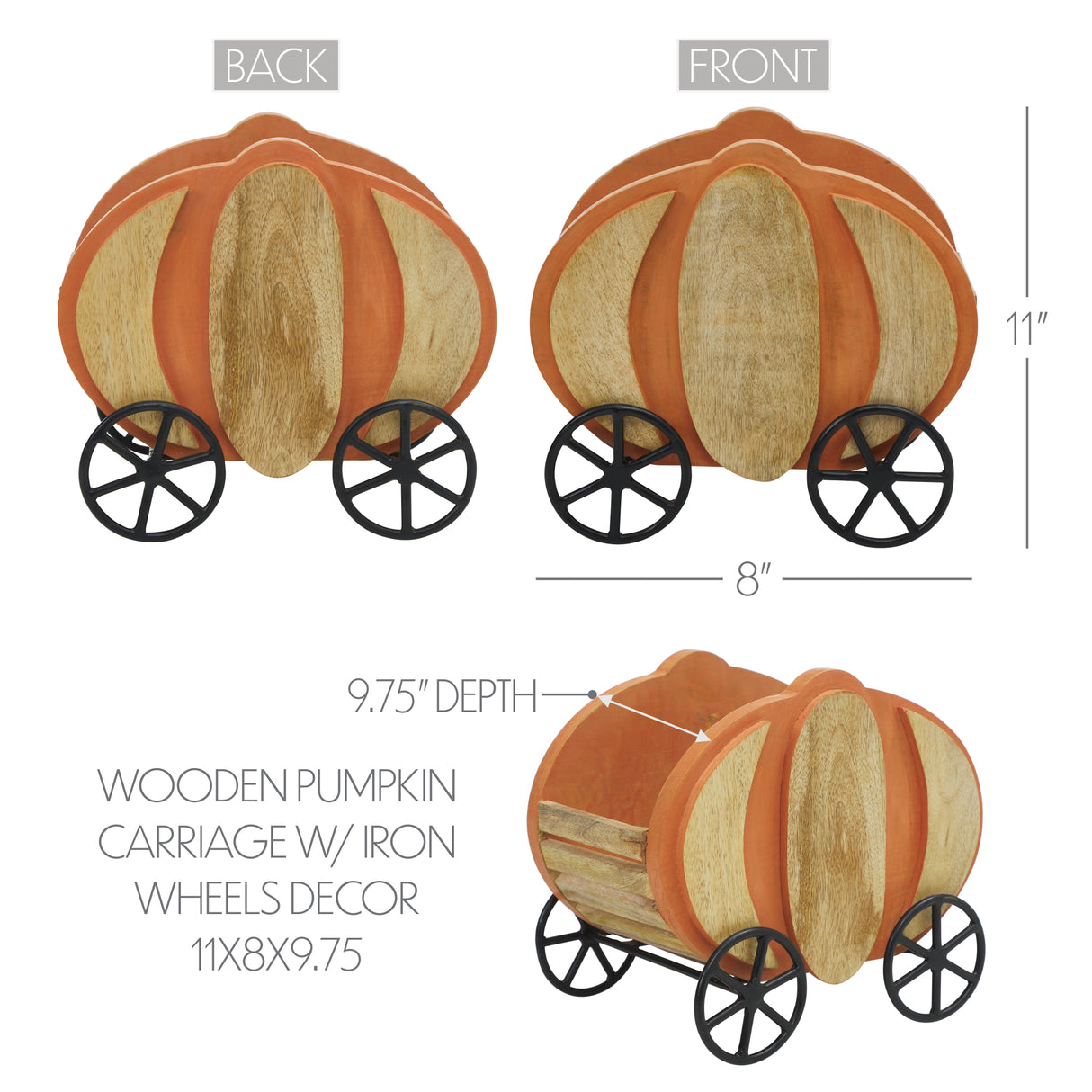 Wooden Pumpkin Carriage w/ Iron Wheels Decor 11x8x9.75