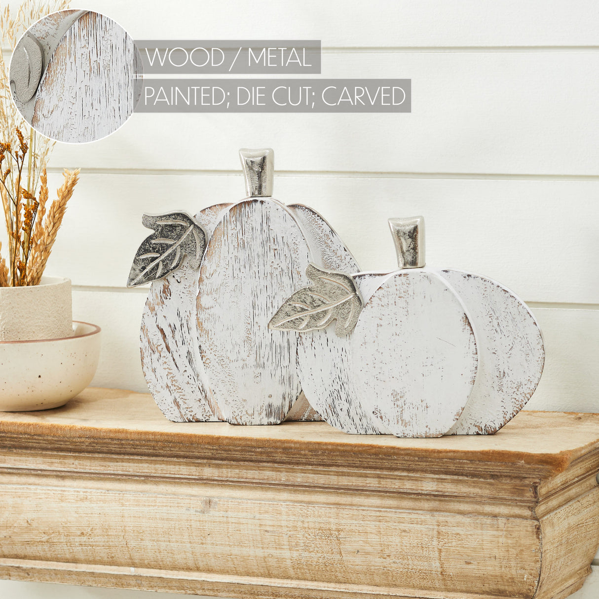 White Wash Farmhouse Wooden Pumpkin Set of 2 - 7 and 9 inch