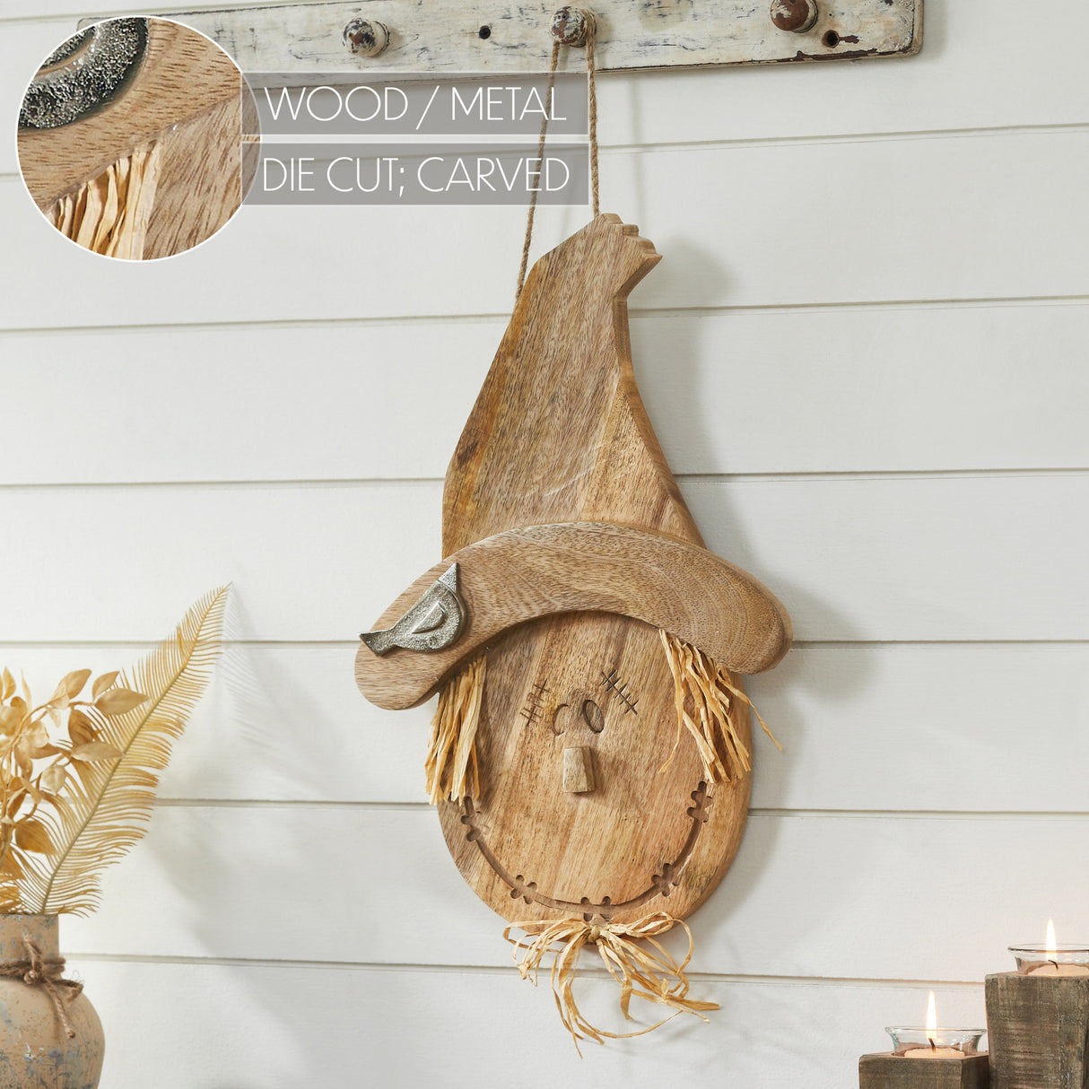 Natural Wooden Scarecrow Wall Hanging 18.25x12x2