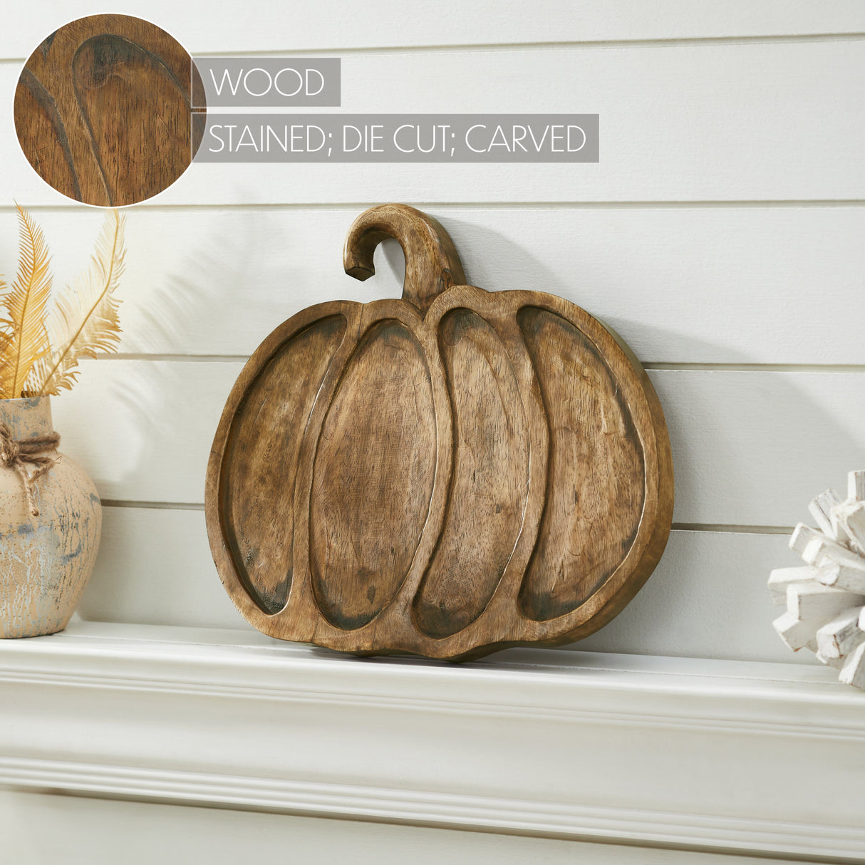 Dark Wooden Pumpkin Decorative Tray 12x13.75x1