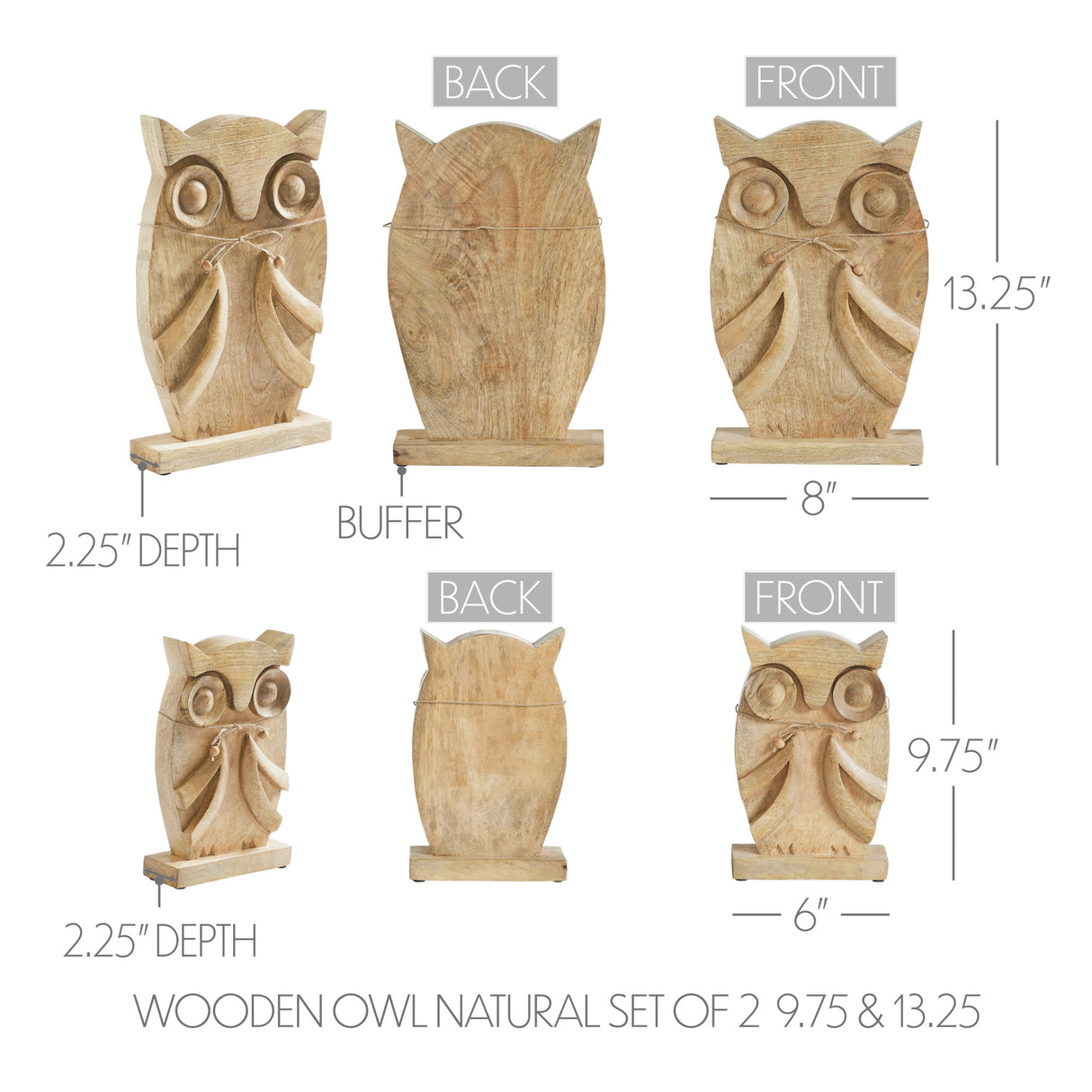 Wooden Owl Natural Set of 2 - 9.75 and 13.25 inch