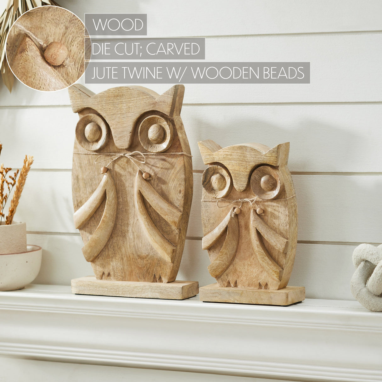 Wooden Owl Natural Set of 2 - 9.75 and 13.25 inch
