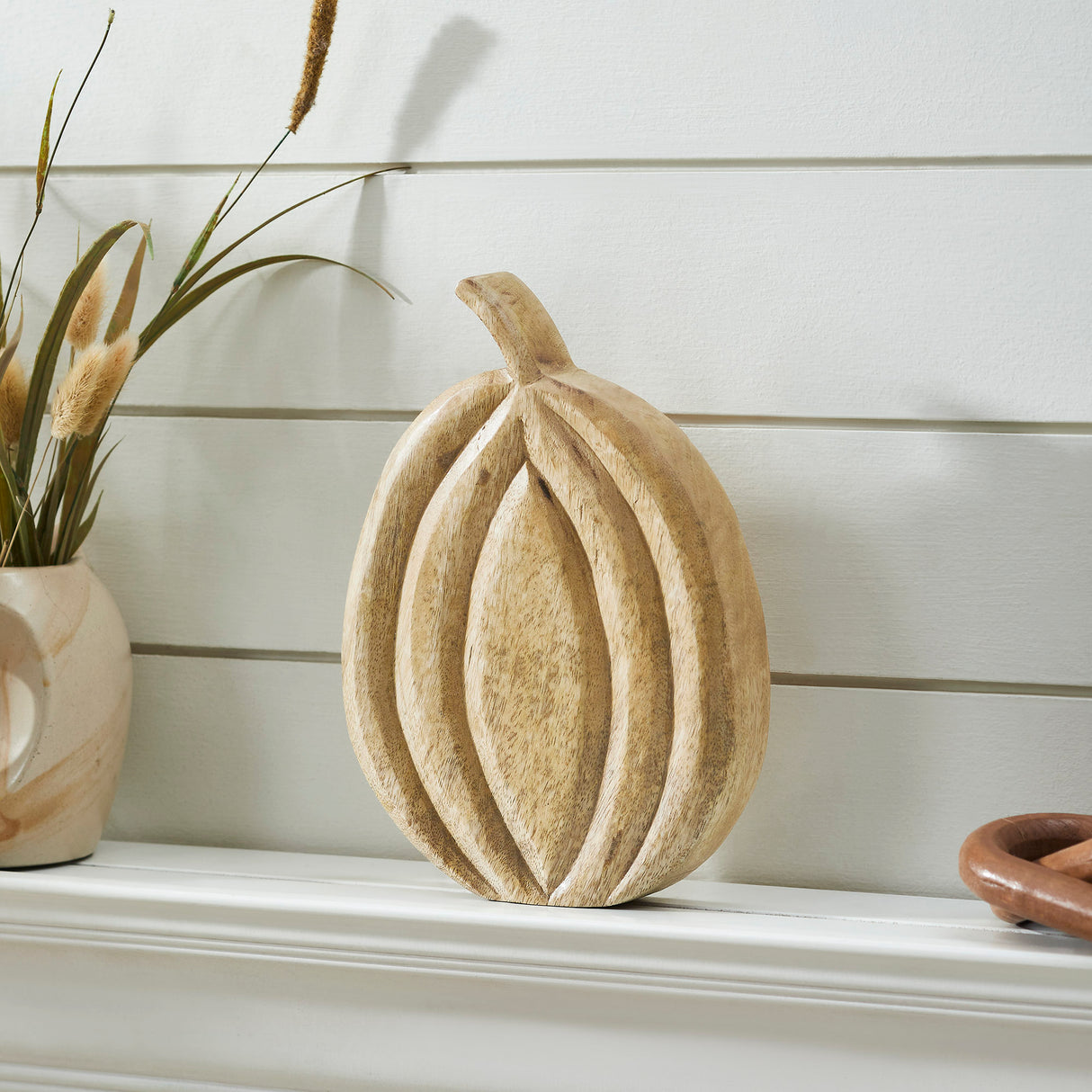 Carved Wooden Pumpkin Natural 10x7.25x1.5