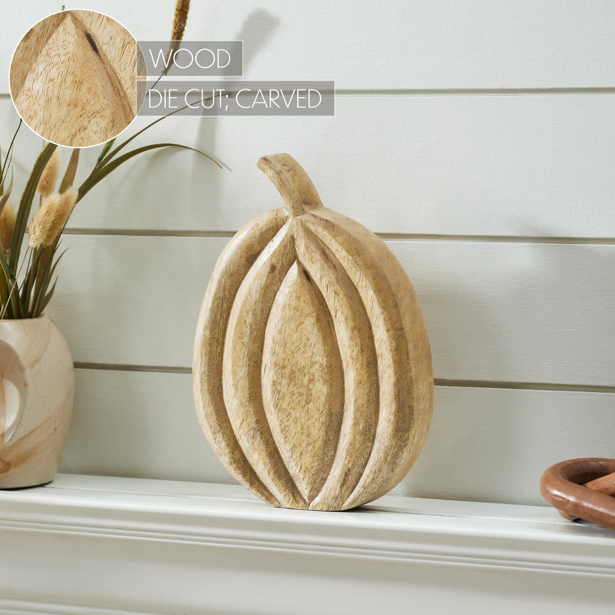Carved Wooden Pumpkin Natural 10x7.25x1.5