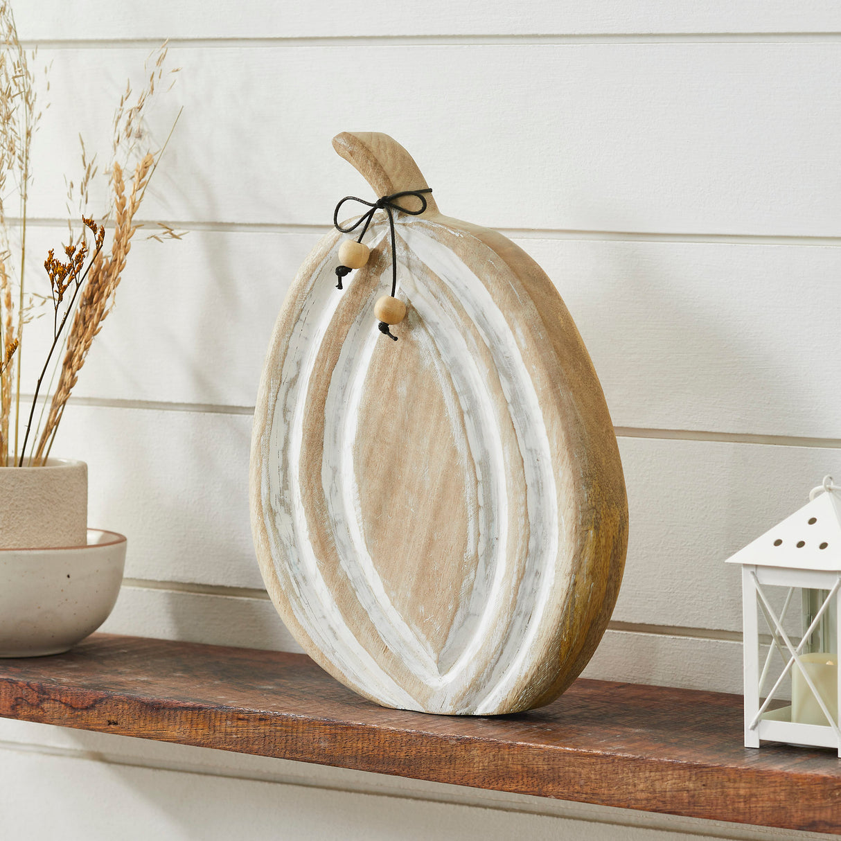 Carved Wooden Pumpkin Distressed White 12x8.75x1.5