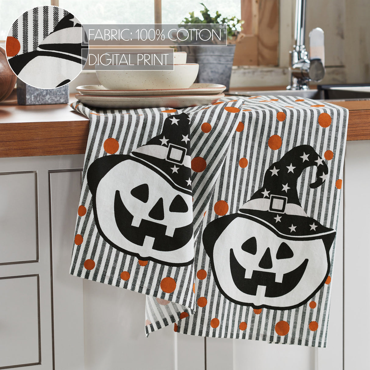 Witchy Pumpkins Striped Tea Towel Set of 2 19x28