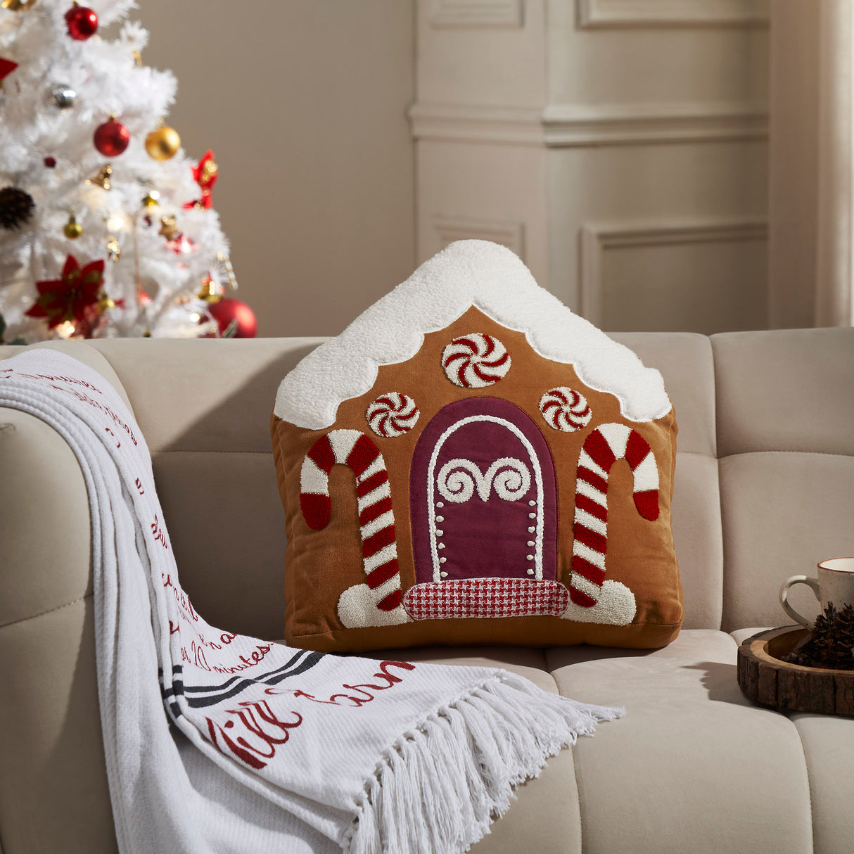 Gingerbread House Embroidered Velvet Pillow 18x18