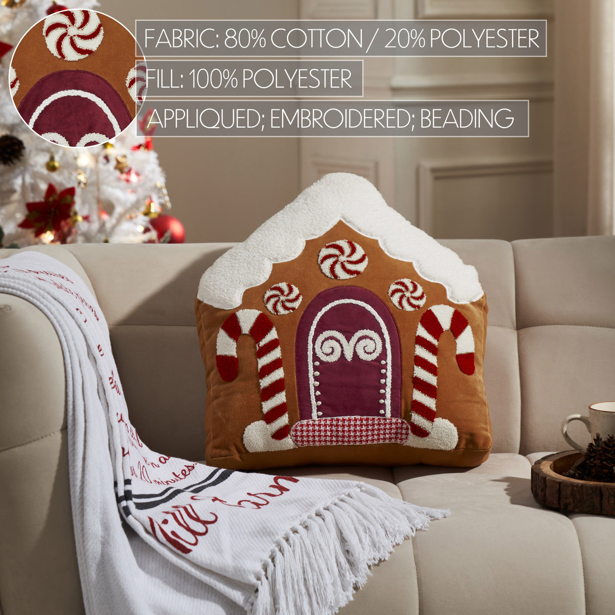 Gingerbread House Embroidered Velvet Pillow 18x18