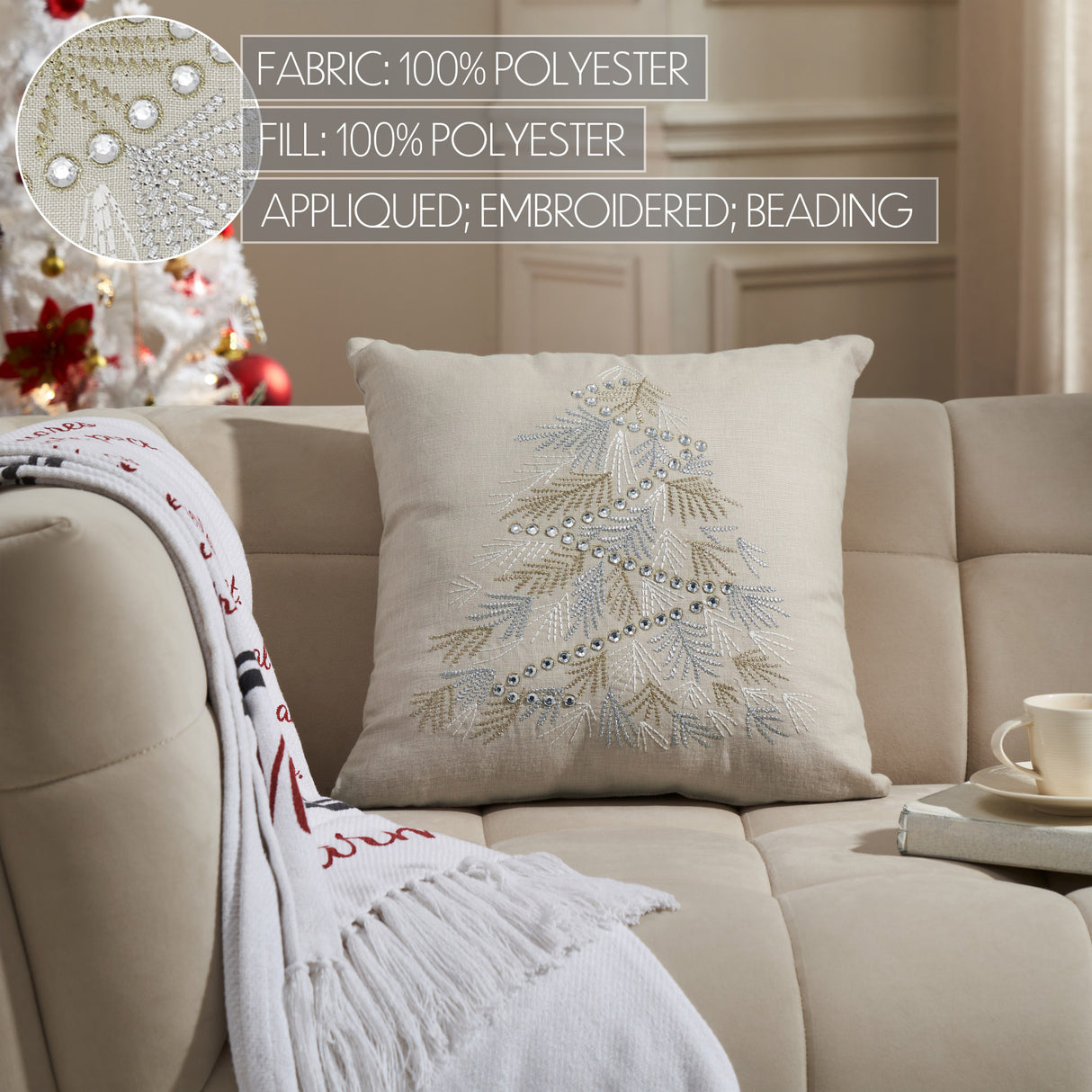 Silver and Gold Pine Tree Embroidered Pillow 18x18