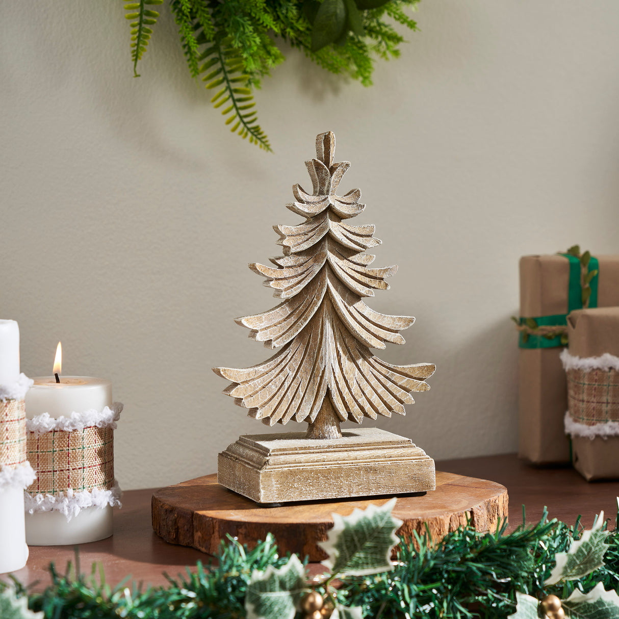 Feathered Finish Winter Pine Wooden Tree 9.75x6.25x3.5