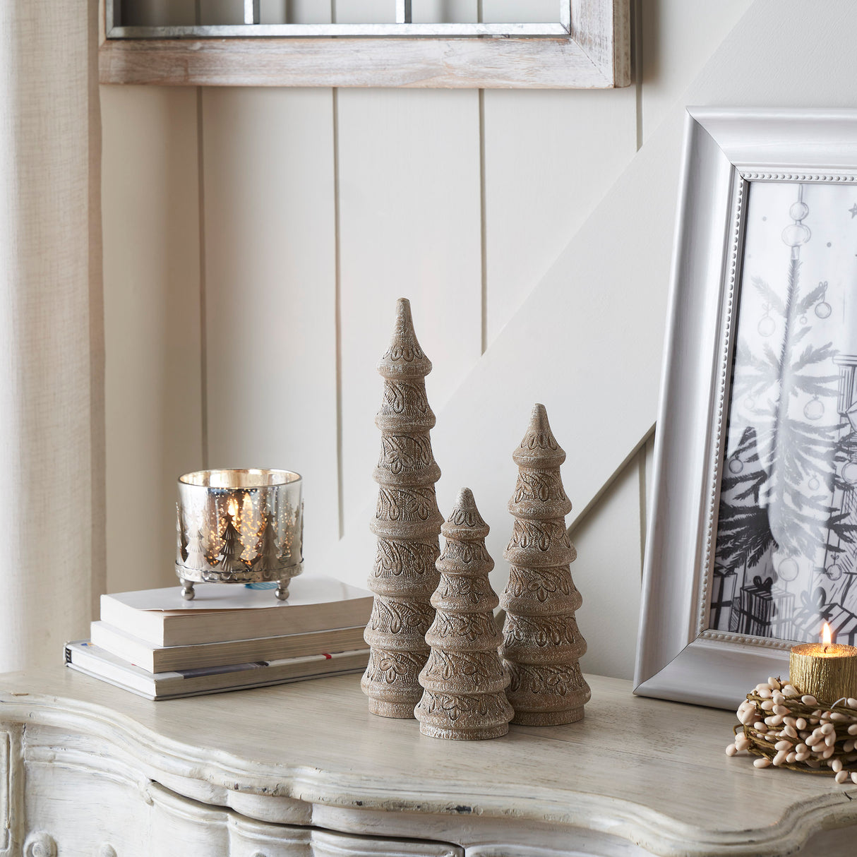 Feathered Finish Hand Turned Wooden Trees Set of 3 - 7/9/12 inch