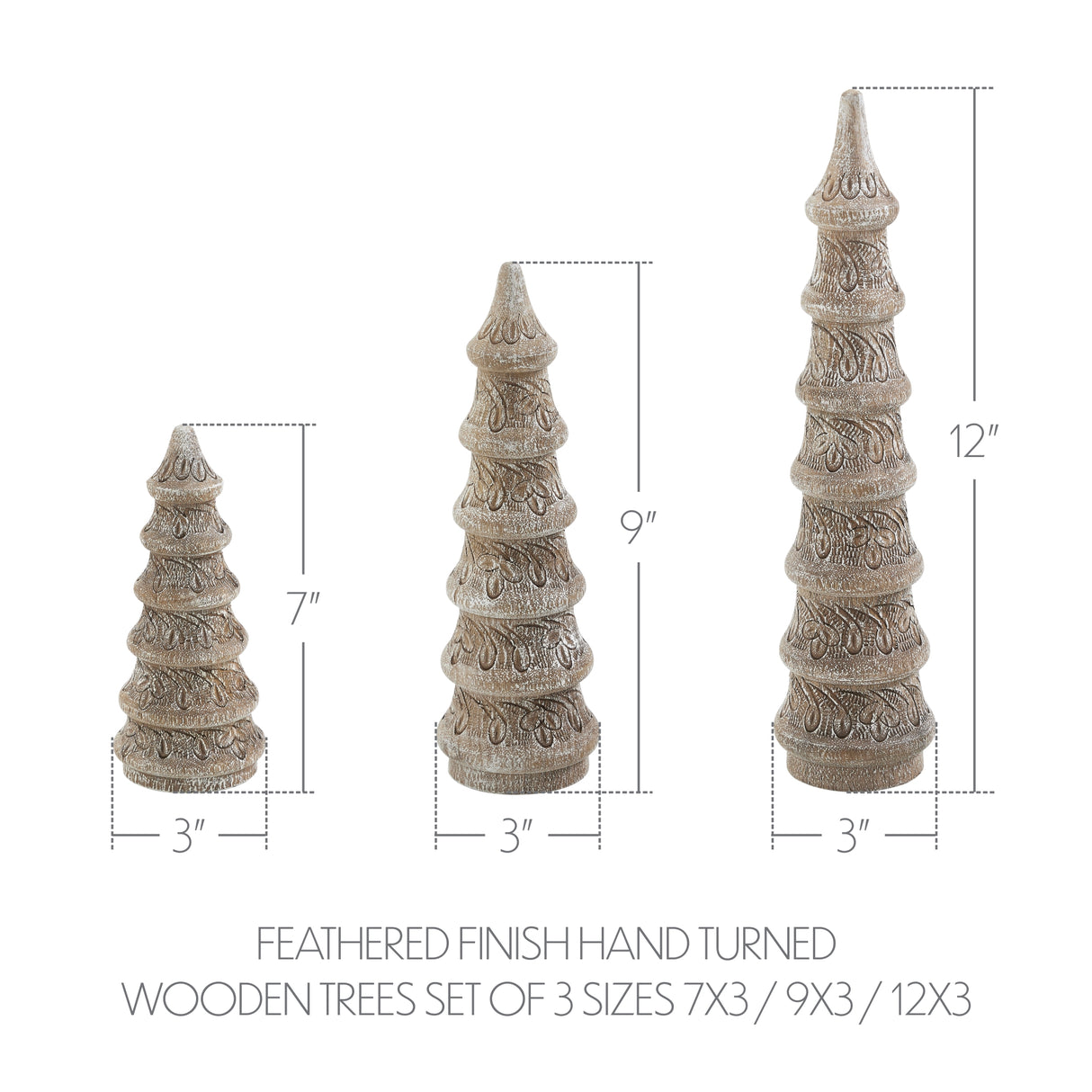 Feathered Finish Hand Turned Wooden Trees Set of 3 - 7/9/12 inch