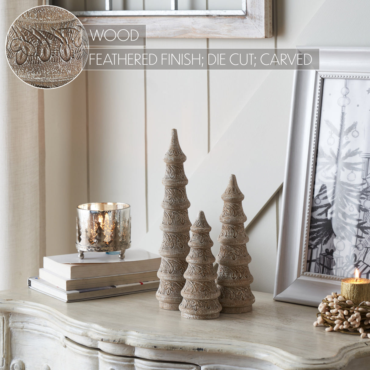 Feathered Finish Hand Turned Wooden Trees Set of 3 - 7/9/12 inch