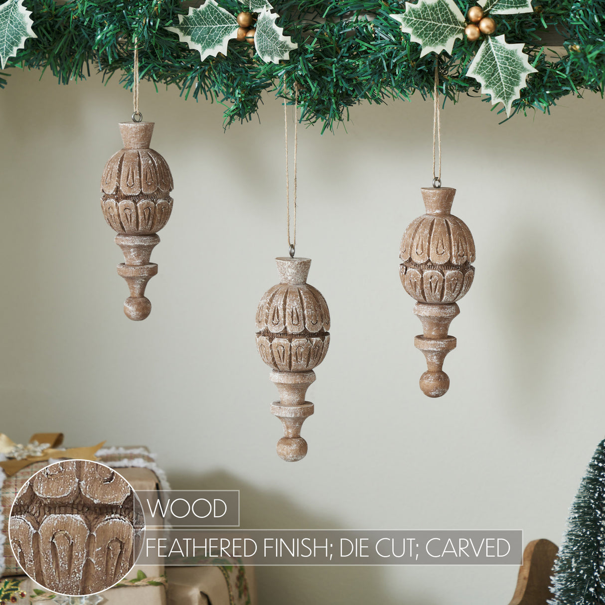 Vintage Finial Ornament Feathered Finish Set of 3 6.5x2.5x2.5