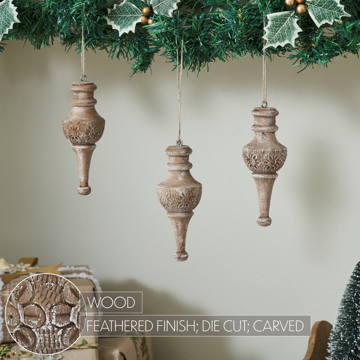 Rustic Finial Ornament Feathered Finish Set of 3 6.5x2.5x2.5