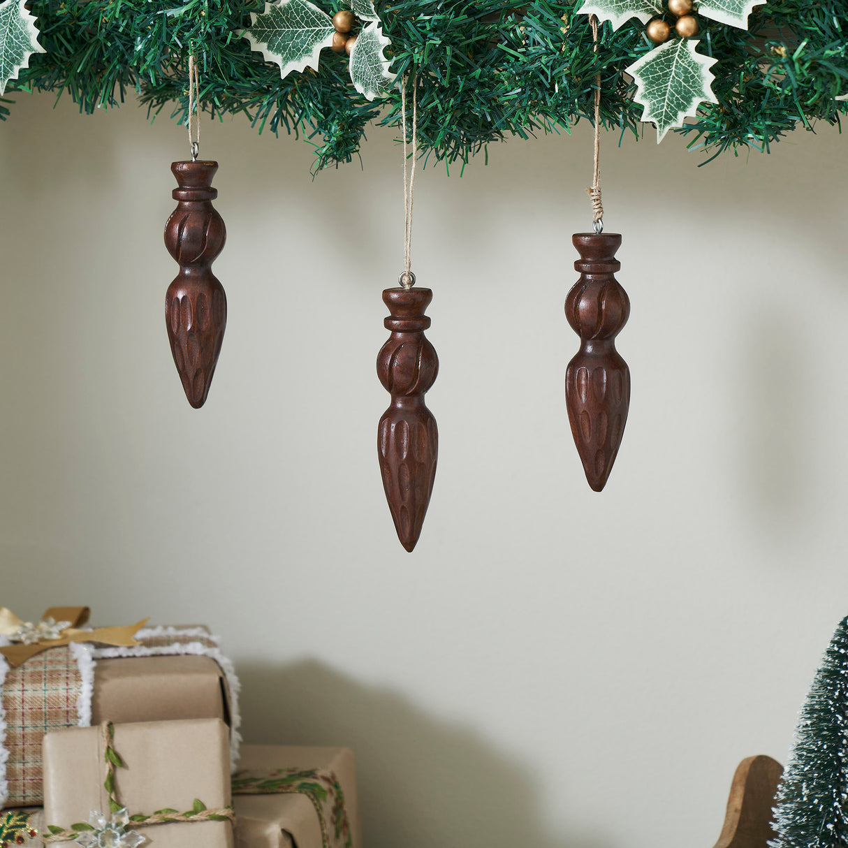 Festive Finial Dark Wooden Ornament Set of 3 - 5.5 inch