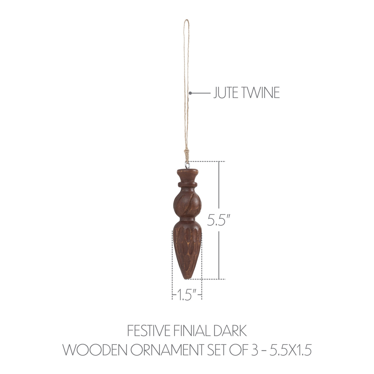 Festive Finial Dark Wooden Ornament Set of 3 - 5.5 inch